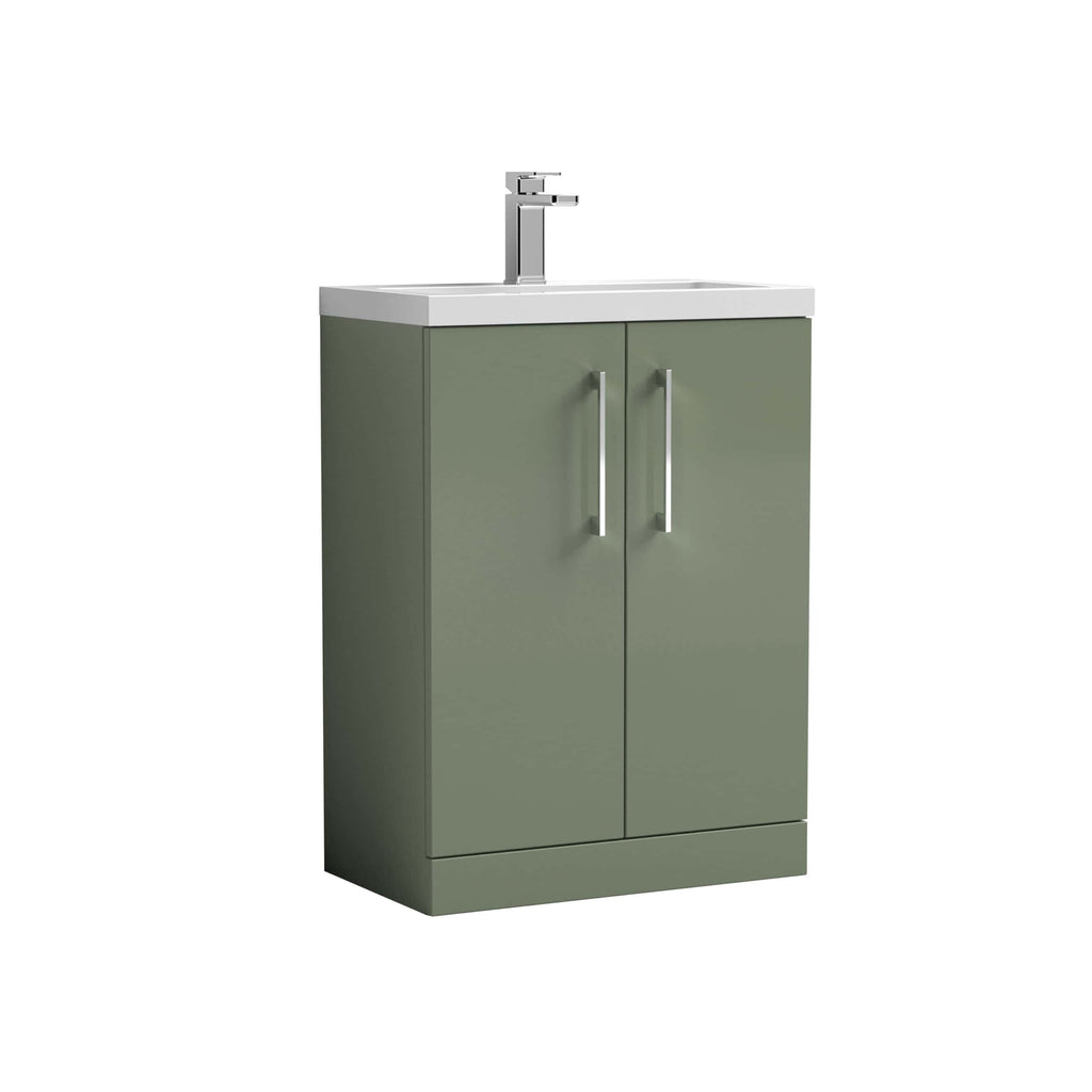 Contemporary bathroom vanity unit with a white countertop and modern chrome faucet, featuring green cabinet doors with sleek silver handles, ideal for stylish bathroom storage solutions.