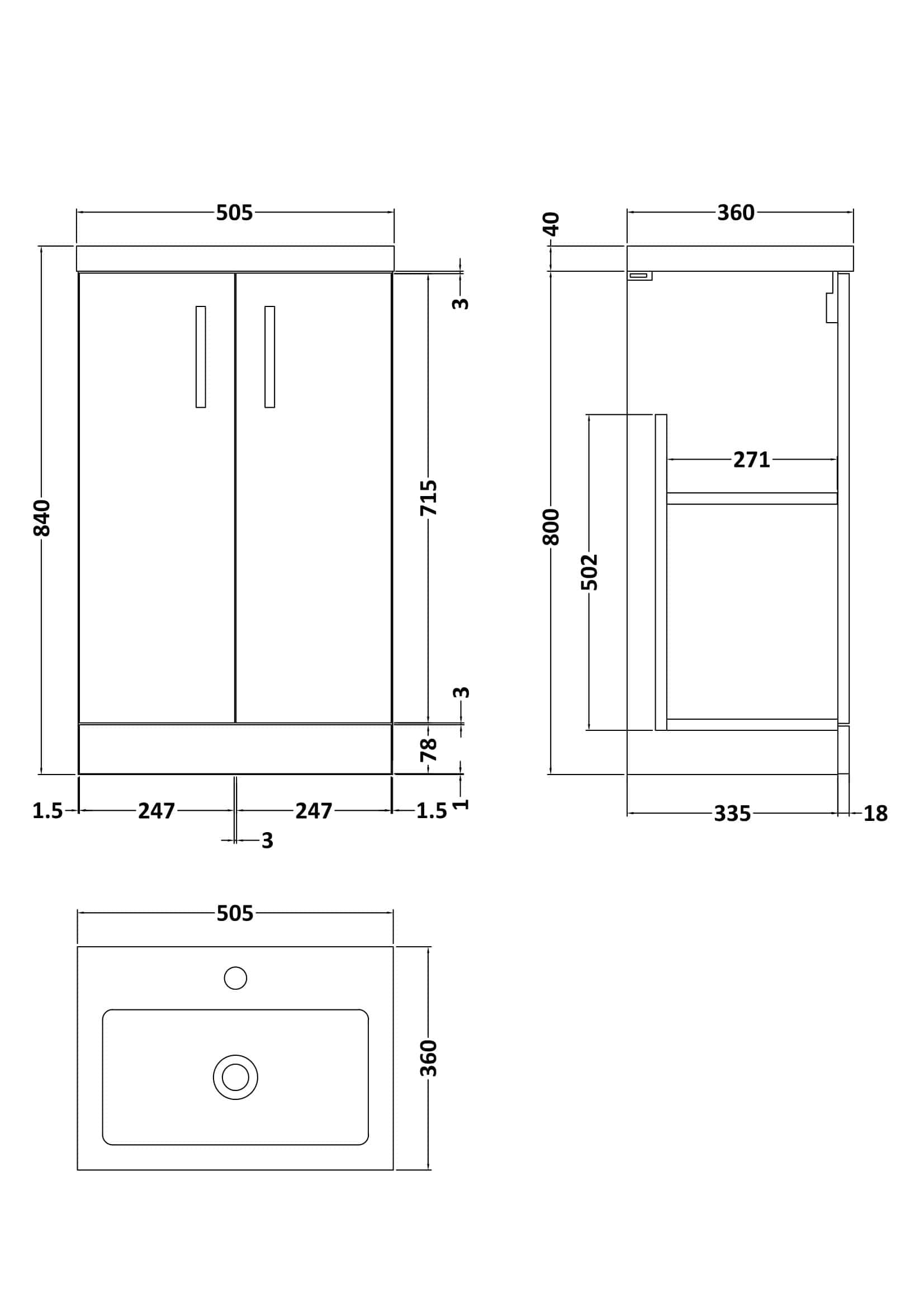 Modern bathroom vanity cabinet with detailed technical drawing, measurements, and sleek design suitable for contemporary kitchen or bathroom renovation.