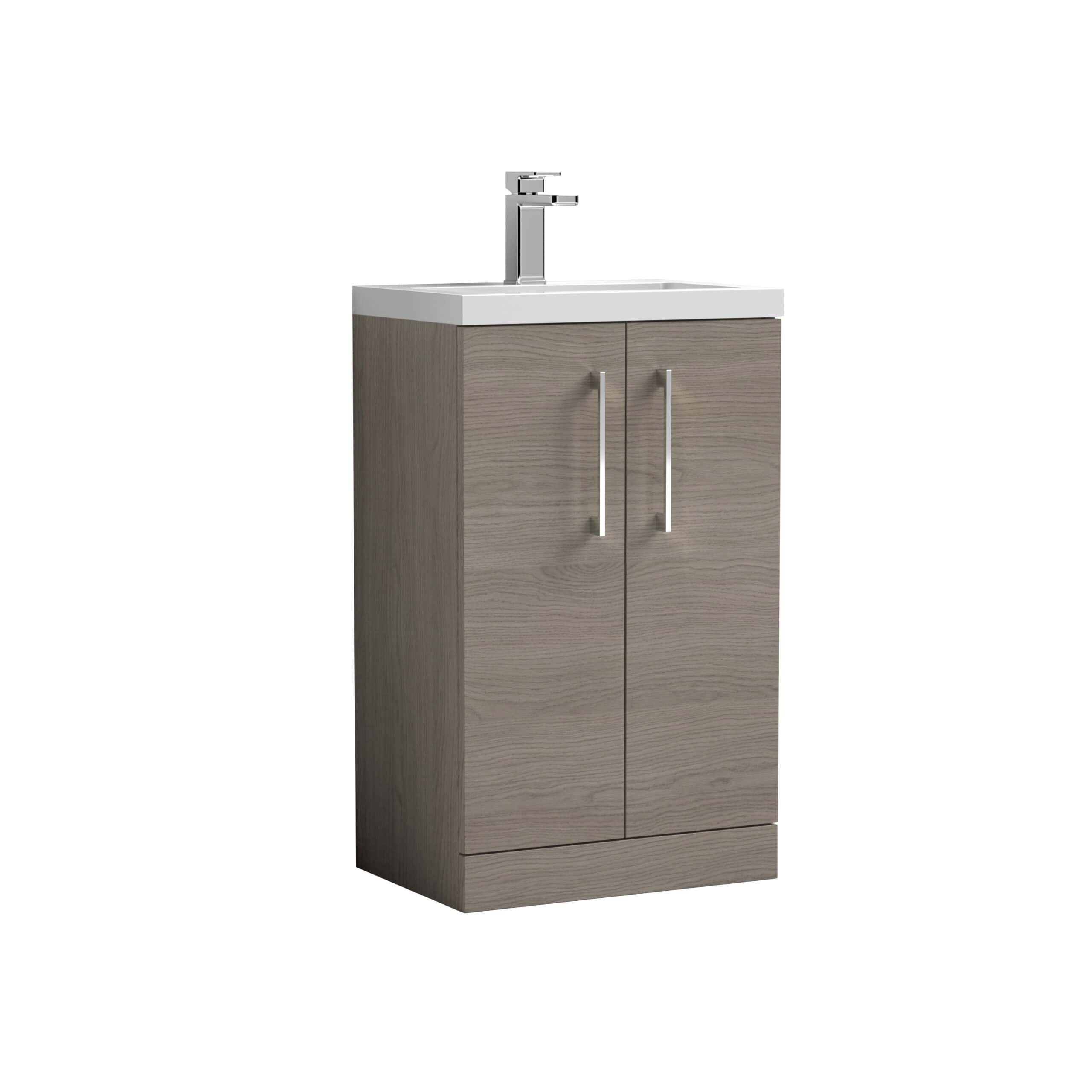 Modern wooden bathroom vanity with integrated sink and chrome faucet, ideal for contemporary bathrooms. Durable storage cabinet with sleek handles, perfect for organising toiletries.