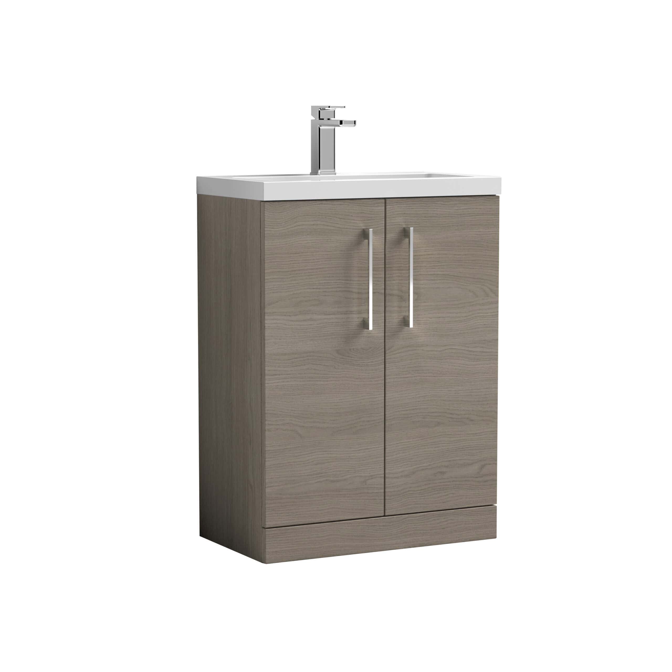 Modern bathroom vanity unit with sink - Bubly Bathrooms, stylish grey wood finish with chrome handles, perfect for contemporary bathrooms.