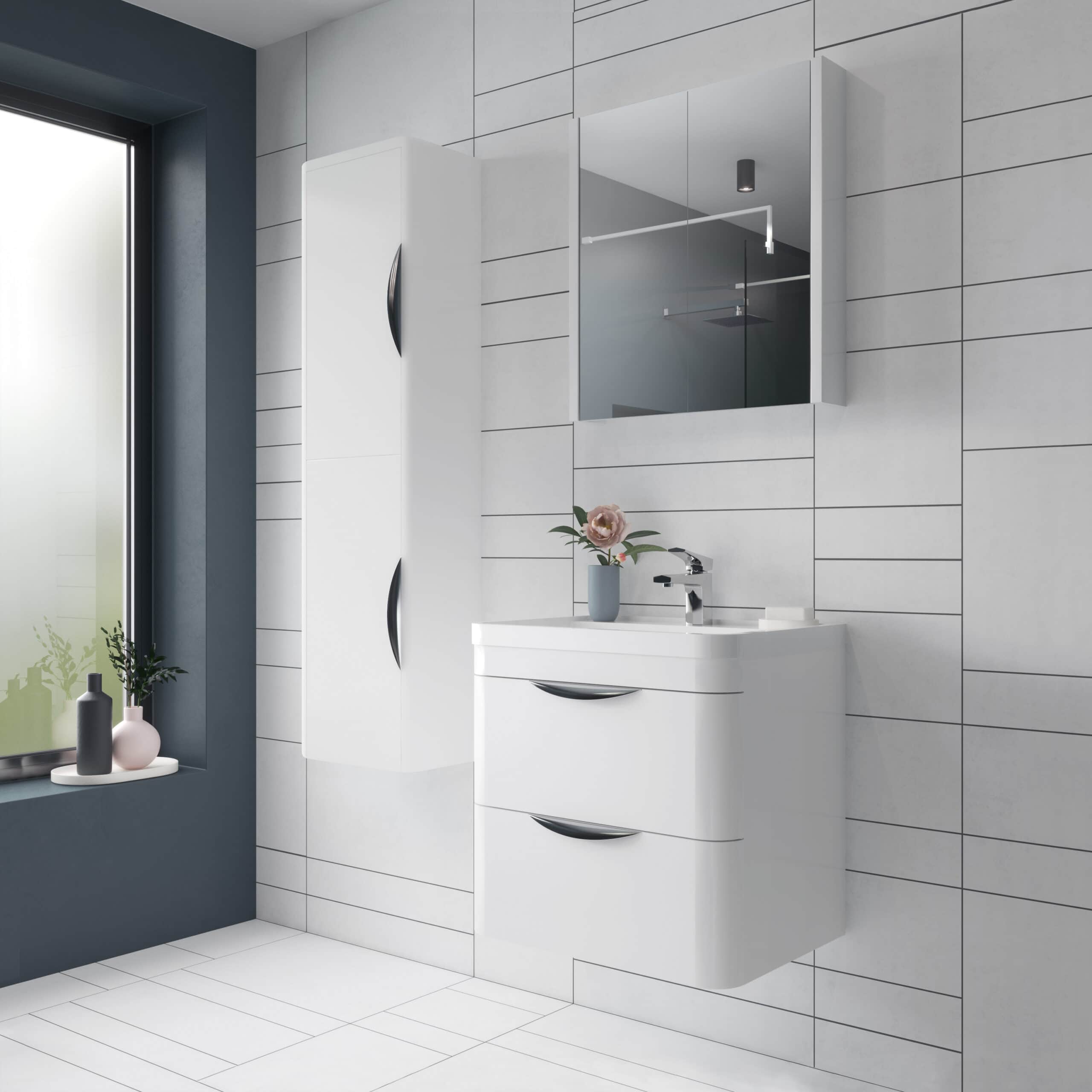 Sleek modern white bathroom vanity and mirror with storage cabinet in a contemporary bathroom design, featuring minimalist fixtures and neutral tiles.