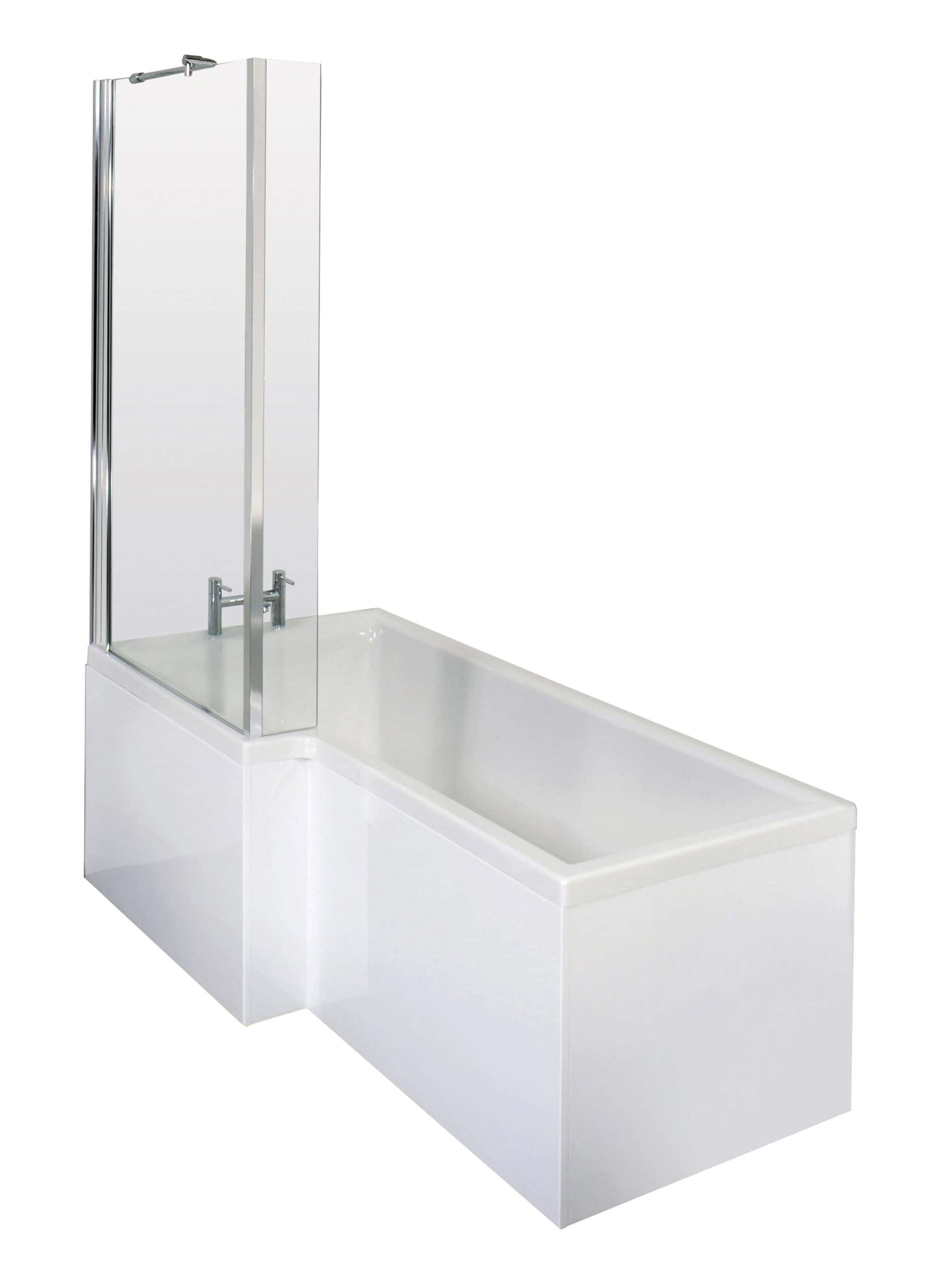 Contemporary white bathtub with a glass shower screen, ideal for stylish and functional bathroom designs. Perfect for modern bathrooms looking for a sleek, minimalistic aesthetic.