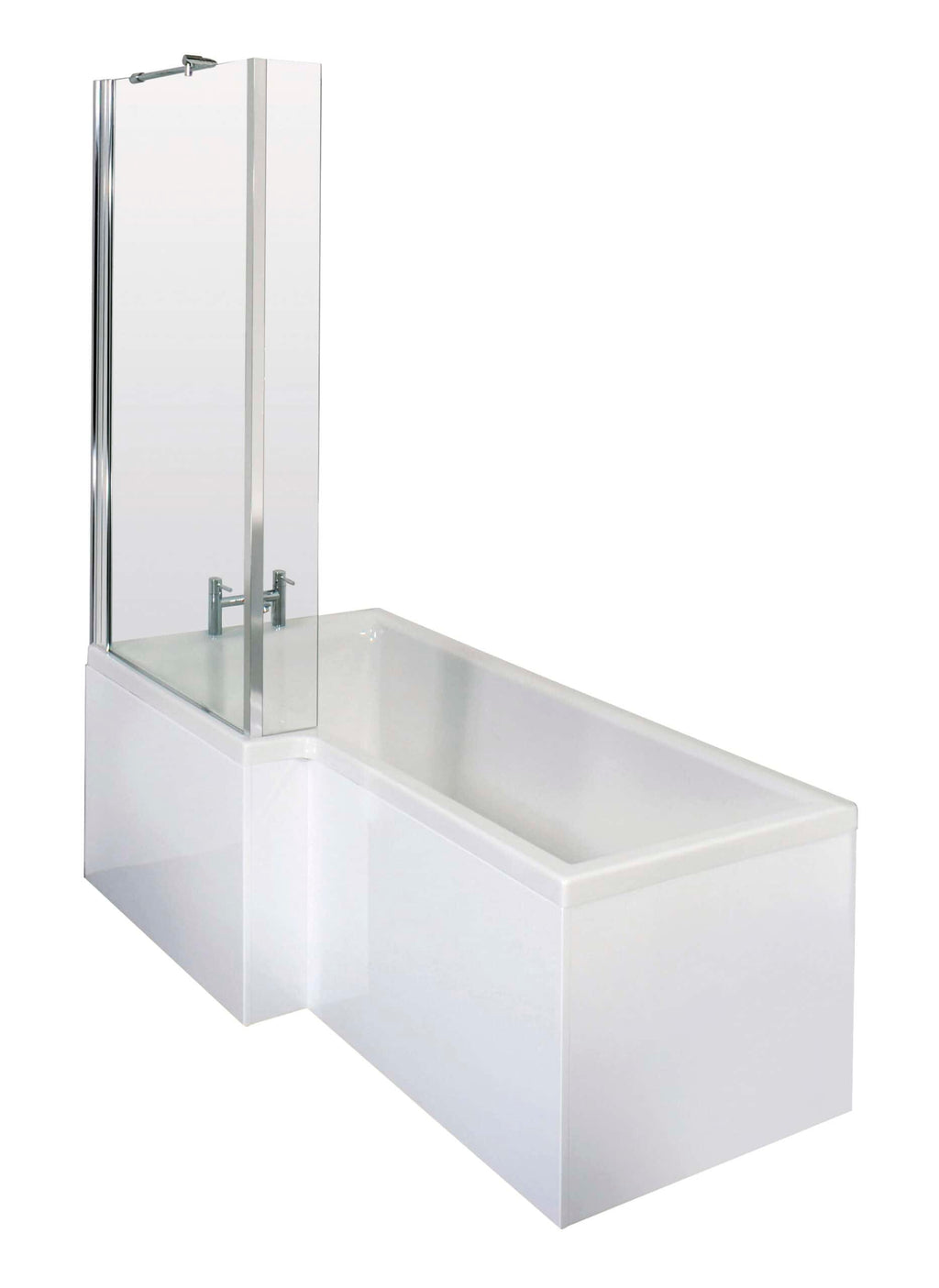 Contemporary white bathtub with a glass shower screen, ideal for stylish and functional bathroom designs. Perfect for modern bathrooms looking for a sleek, minimalistic aesthetic.