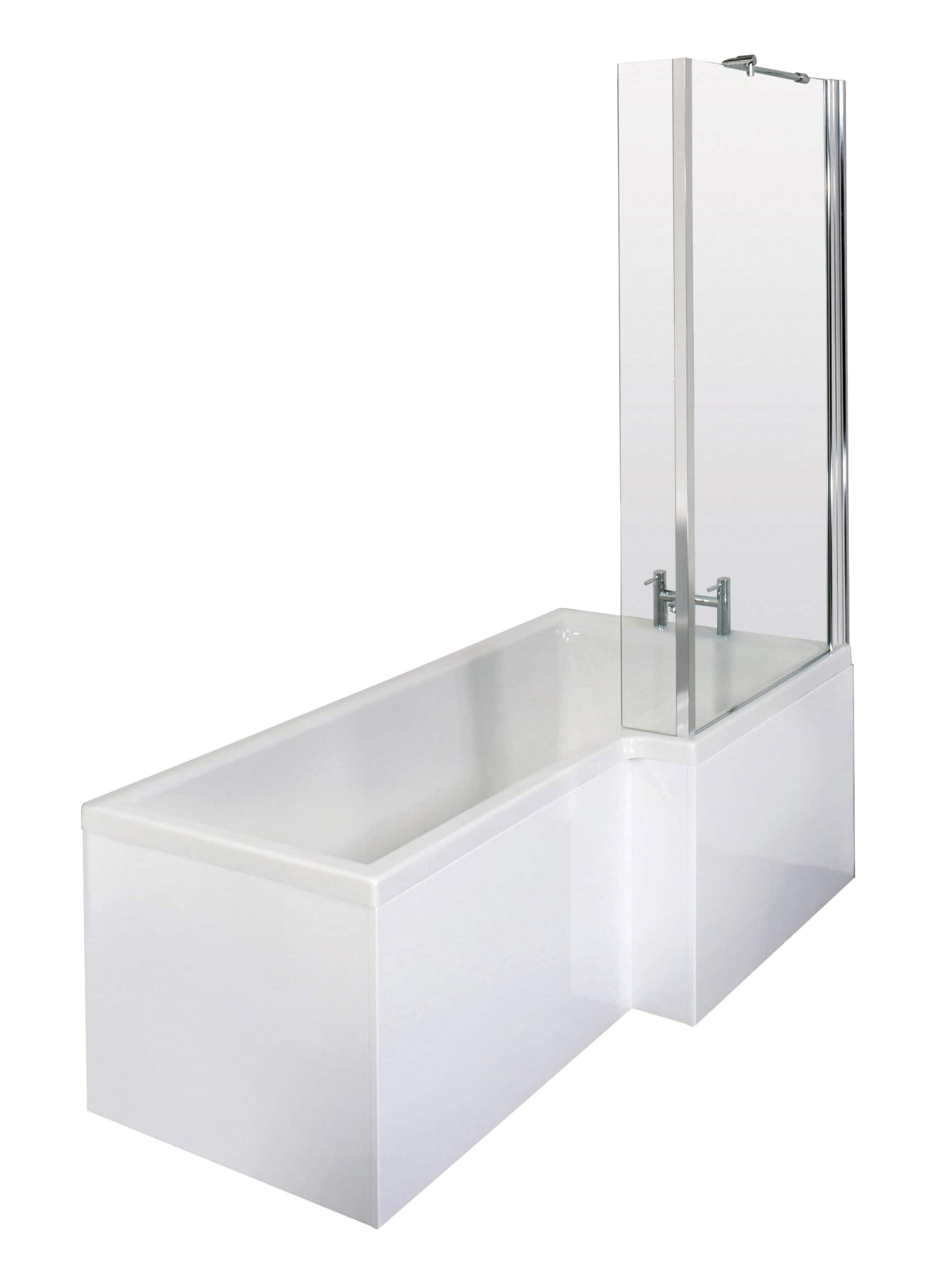 Modern white bathtub with glass shower screen for elegant bathroom design.