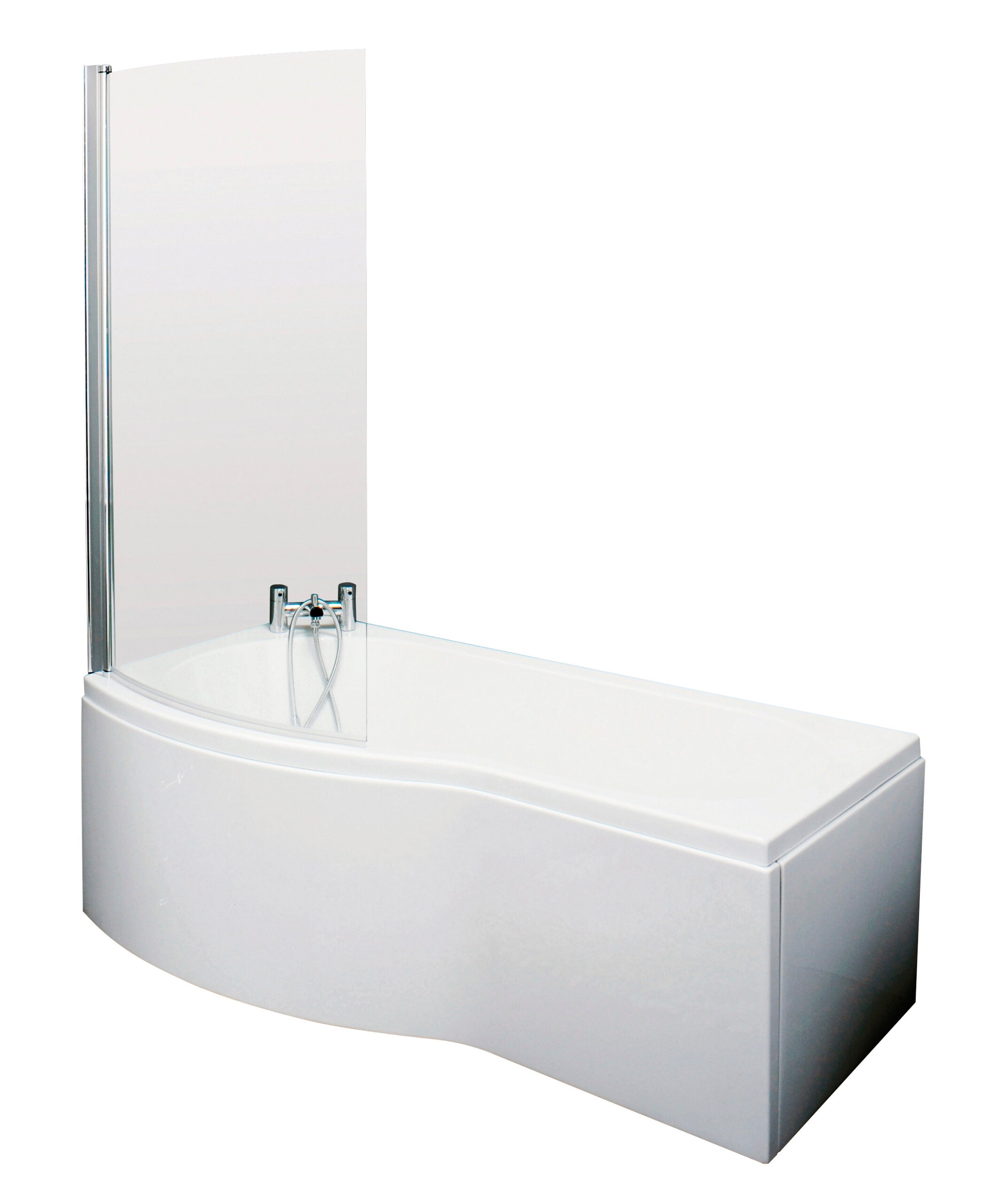 Modern white corner bath with glass shower screen, perfect for stylish and functional bathrooms.