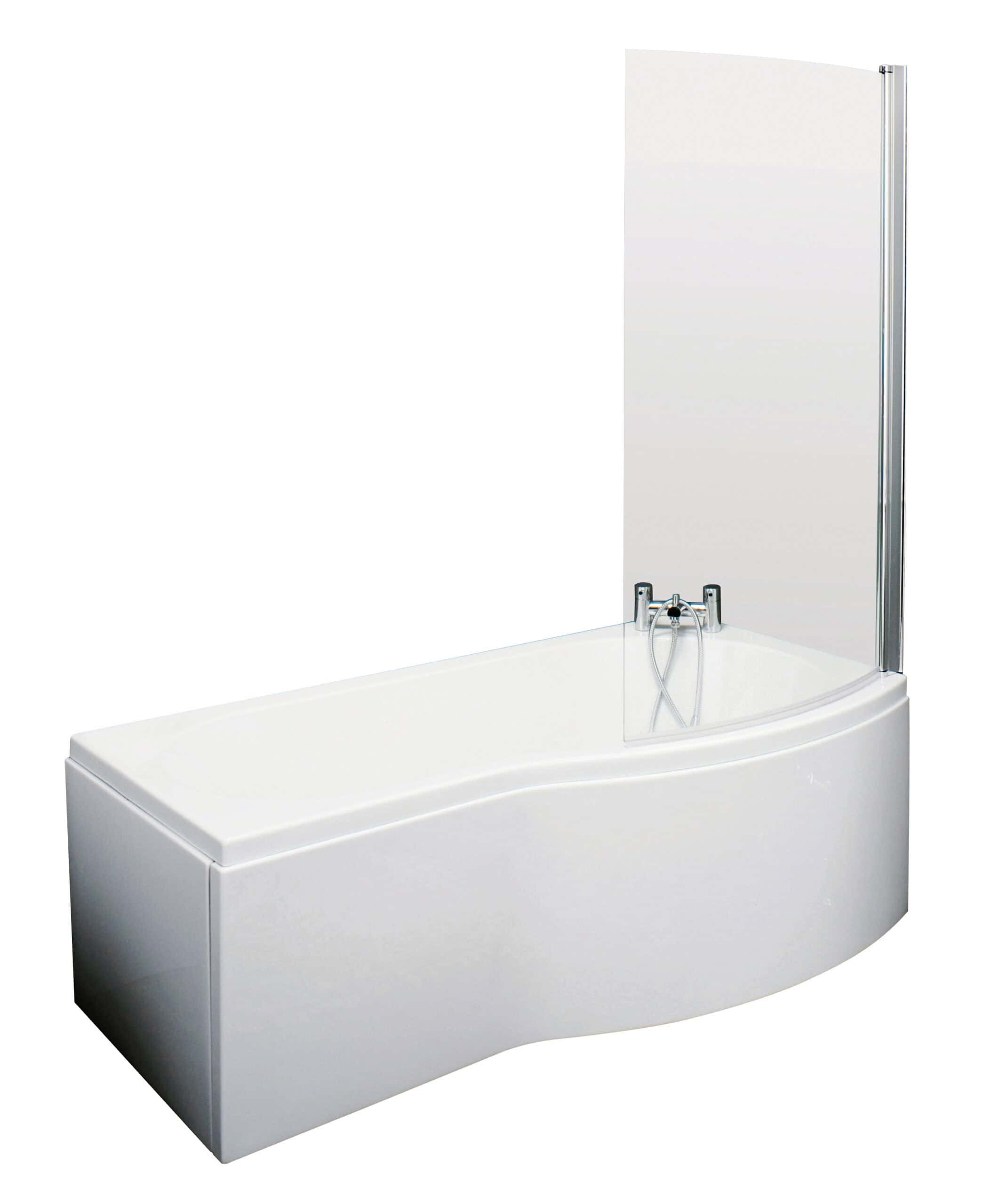 Sleek white bathtub with a modern curved design and integrated shower screen, ideal for contemporary bathroom renovations. Perfect for creating a stylish and functional bath space.