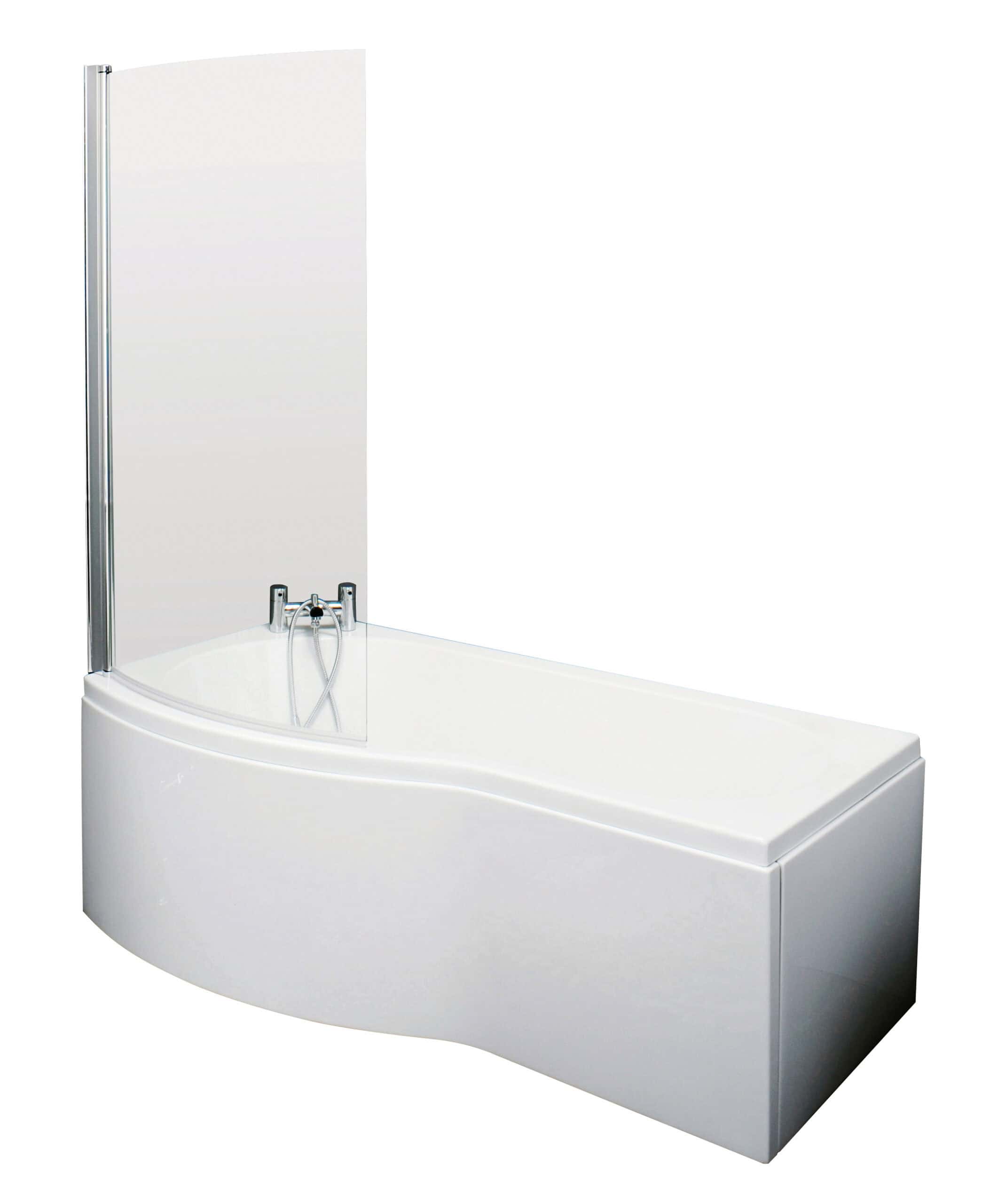Curved white bathtub with built-in shower screen and modern chrome fixtures, ideal for luxury Bubly Bathrooms shower and bath solutions.