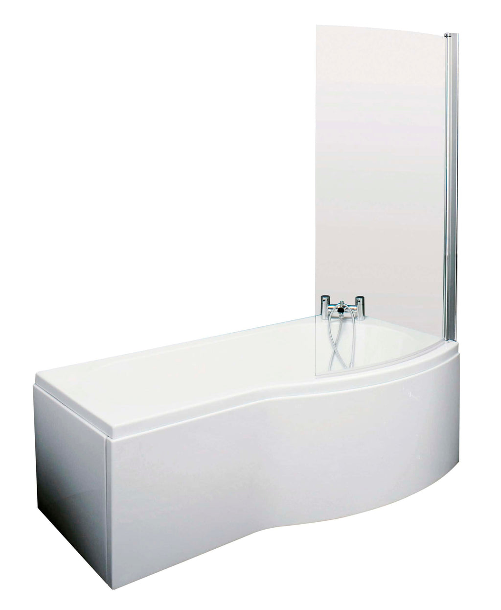 Modern white bathtub with shower screen & handheld shower, ideal for contemporary bathroom designs and luxury bathroom renovations.