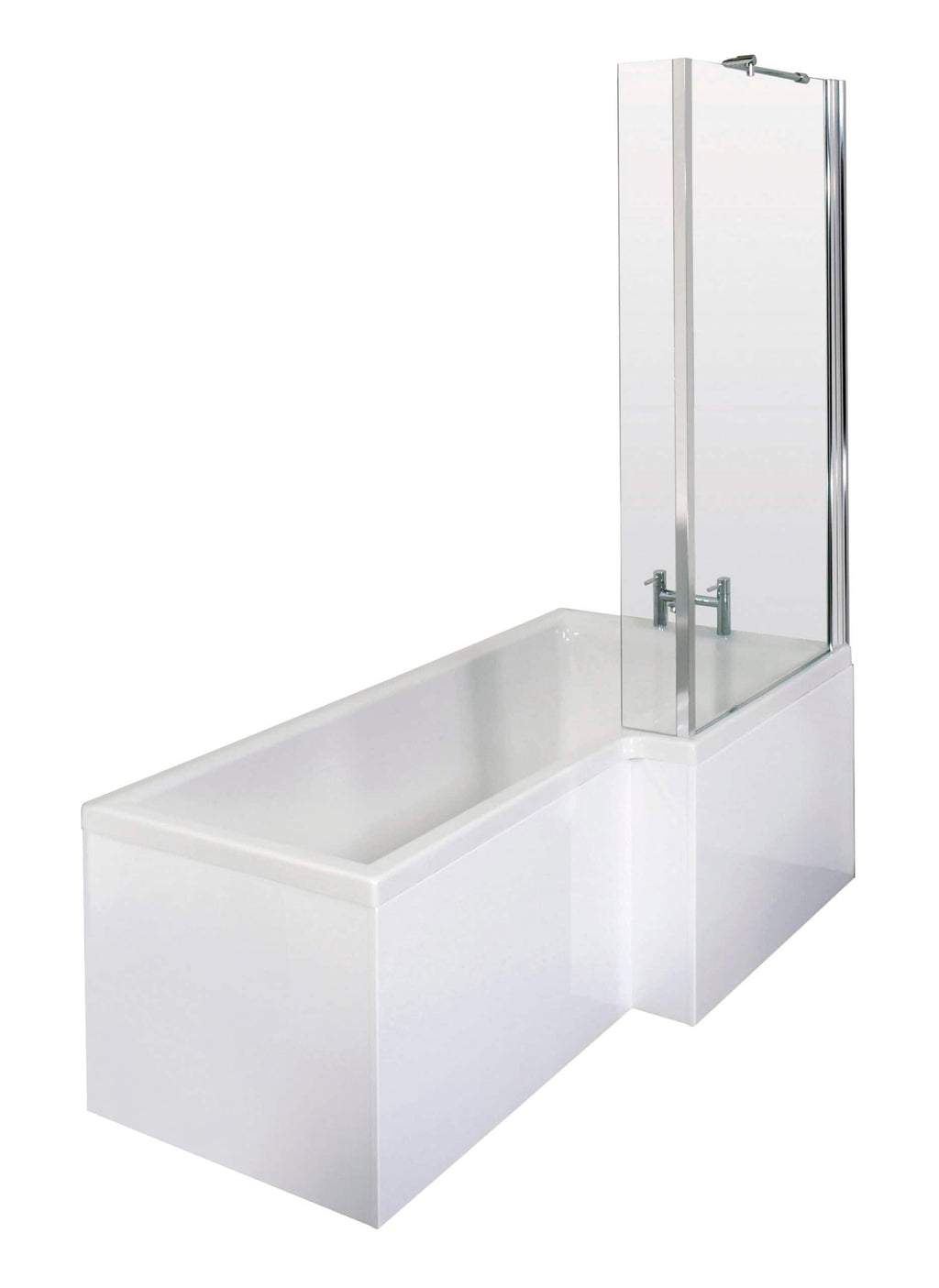 Polished white bathtub with glass shower screen, modern bathroom design, freestanding bath with built-in shower enclosure, ideal for contemporary bathrooms, sleek and minimalist style.