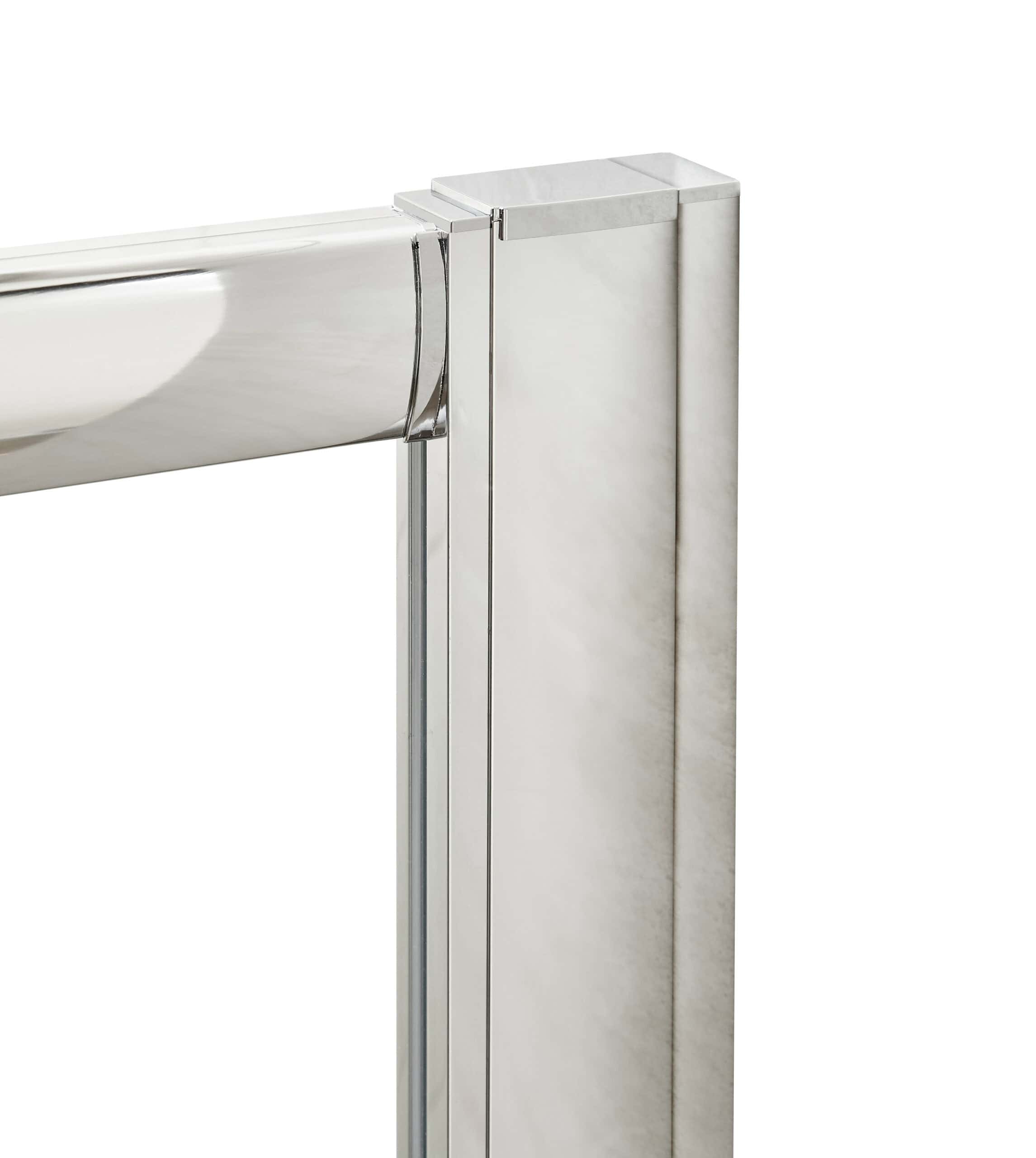 Sleek modern shower enclosure with chrome accents and glass door framing from Bubly Bathrooms UK.