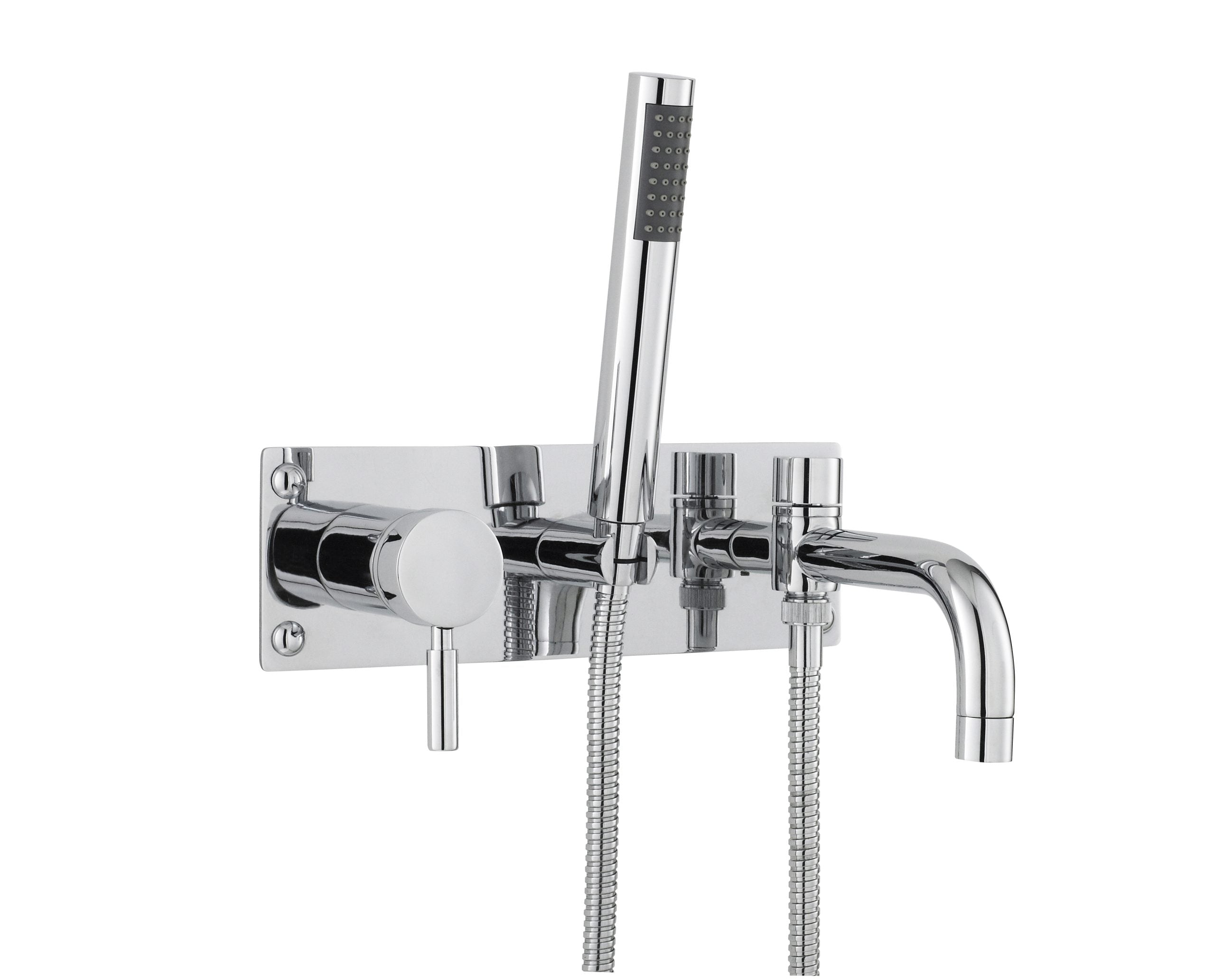 High-quality chrome bathroom mixer tap with handheld shower and flexible hoses for modern bubly bathroom designs. Perfect for stylish and functional bathroom upgrades.