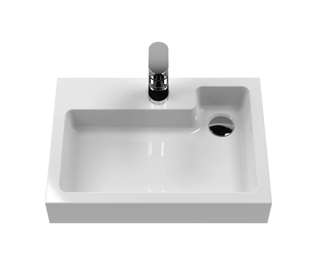Sleek white rectangular bathroom sink with modern chrome faucet and integrated drain, ideal for contemporary bathroom designs and high-quality plumbing installations.