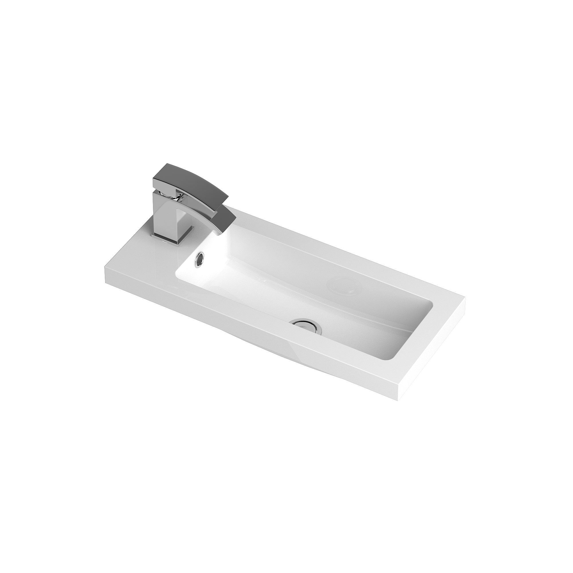 Sleek white bathroom sink with a modern chrome single-handle faucet, ideal for contemporary bathroom designs. Perfect for small spaces, combining style and functionality in bathroom fixtures.