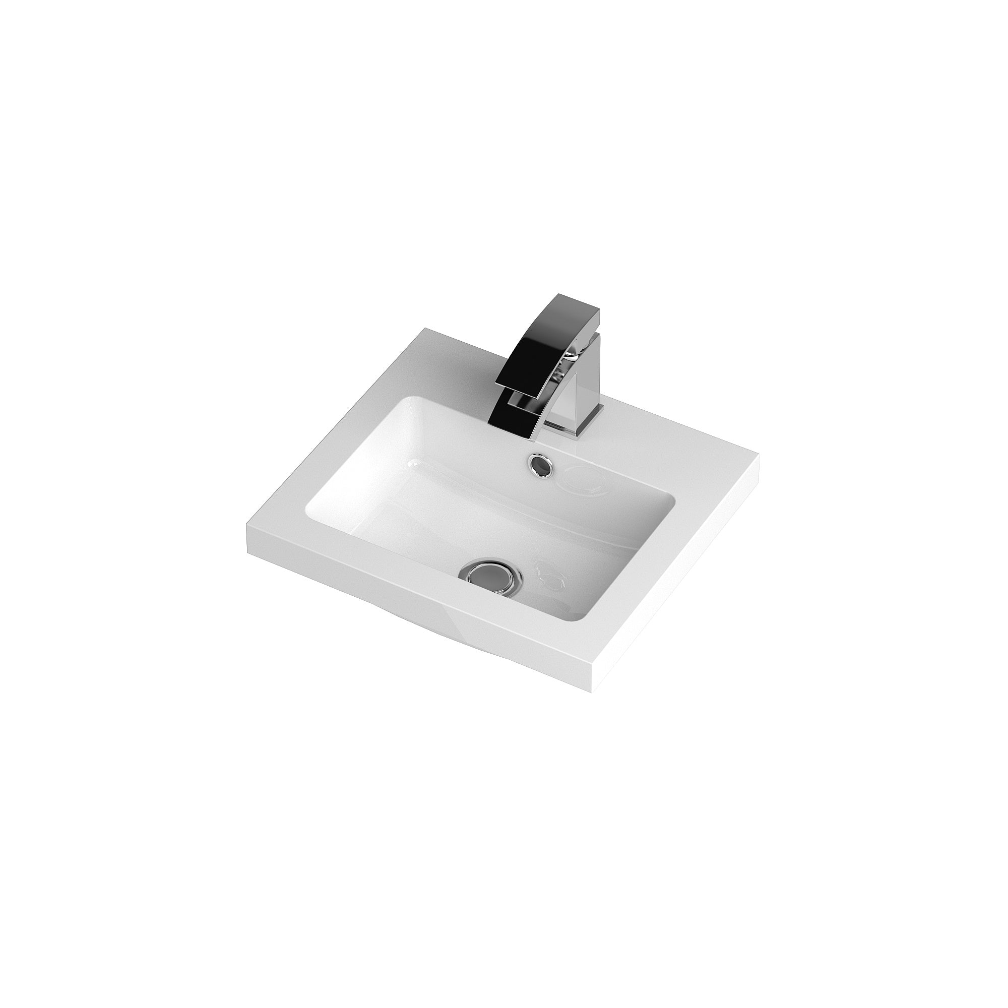 Polished white bathroom sink with modern chrome faucet, designed for contemporary bathroom decor. Features include an integrated overflow and sleek, minimalist style ideal for enhancing bathroom aesthetics.