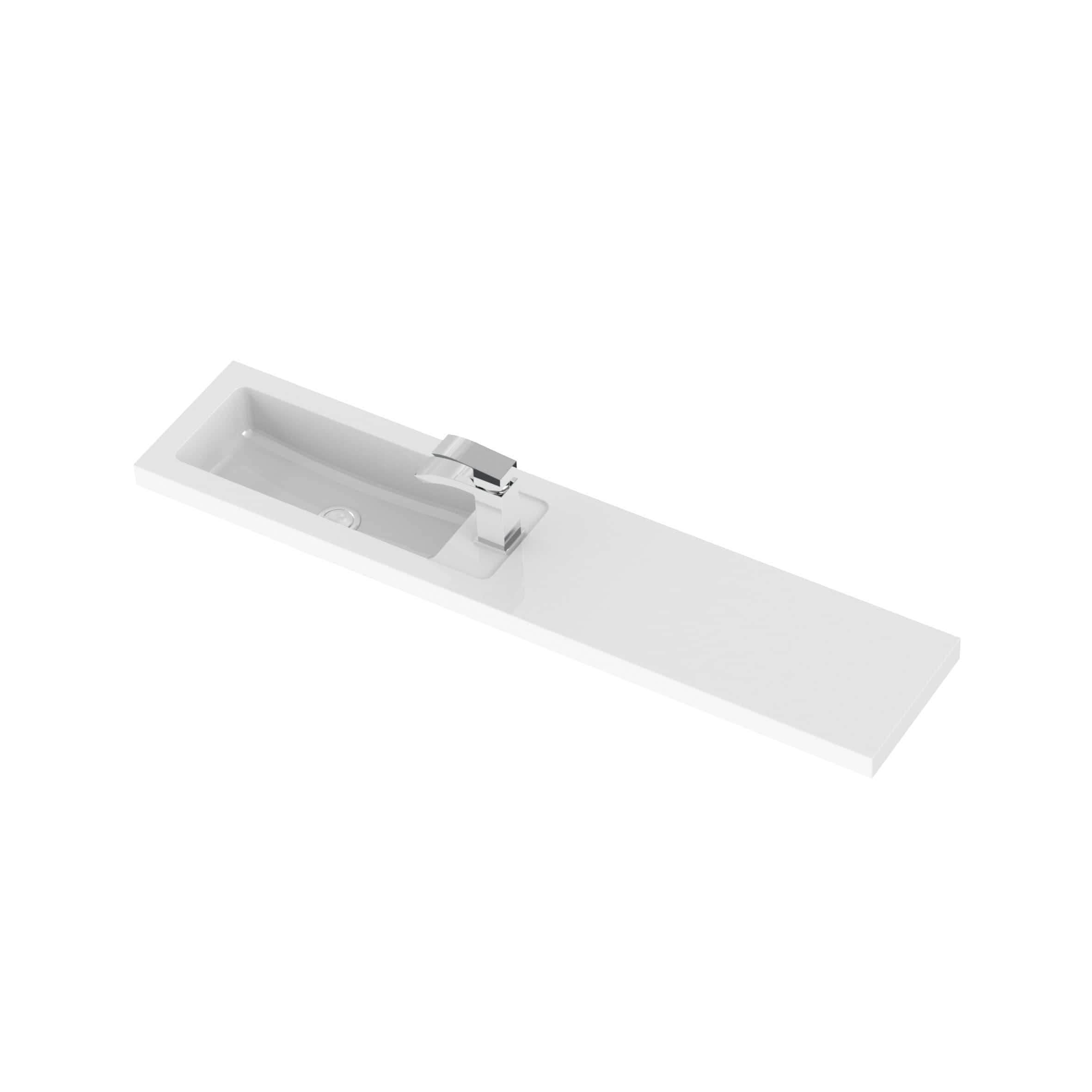 Modern white bathroom vanity with integrated sink and chrome faucet, ideal for contemporary bathroom designs, offering sleek aesthetics and functionality.