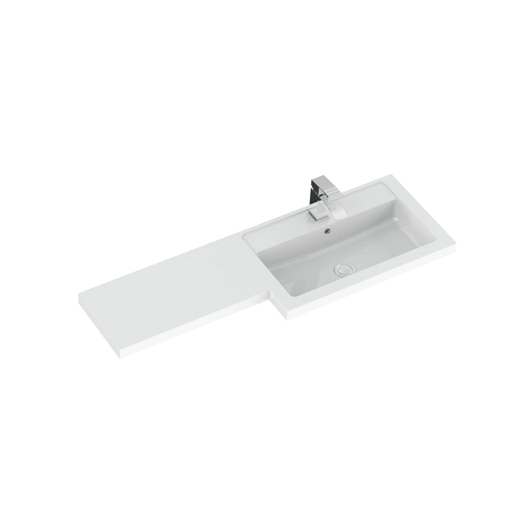 Sleek white bathroom vanity with integrated sink and modern chrome faucet, ideal for contemporary bathroom designs and optimal space utilisation.