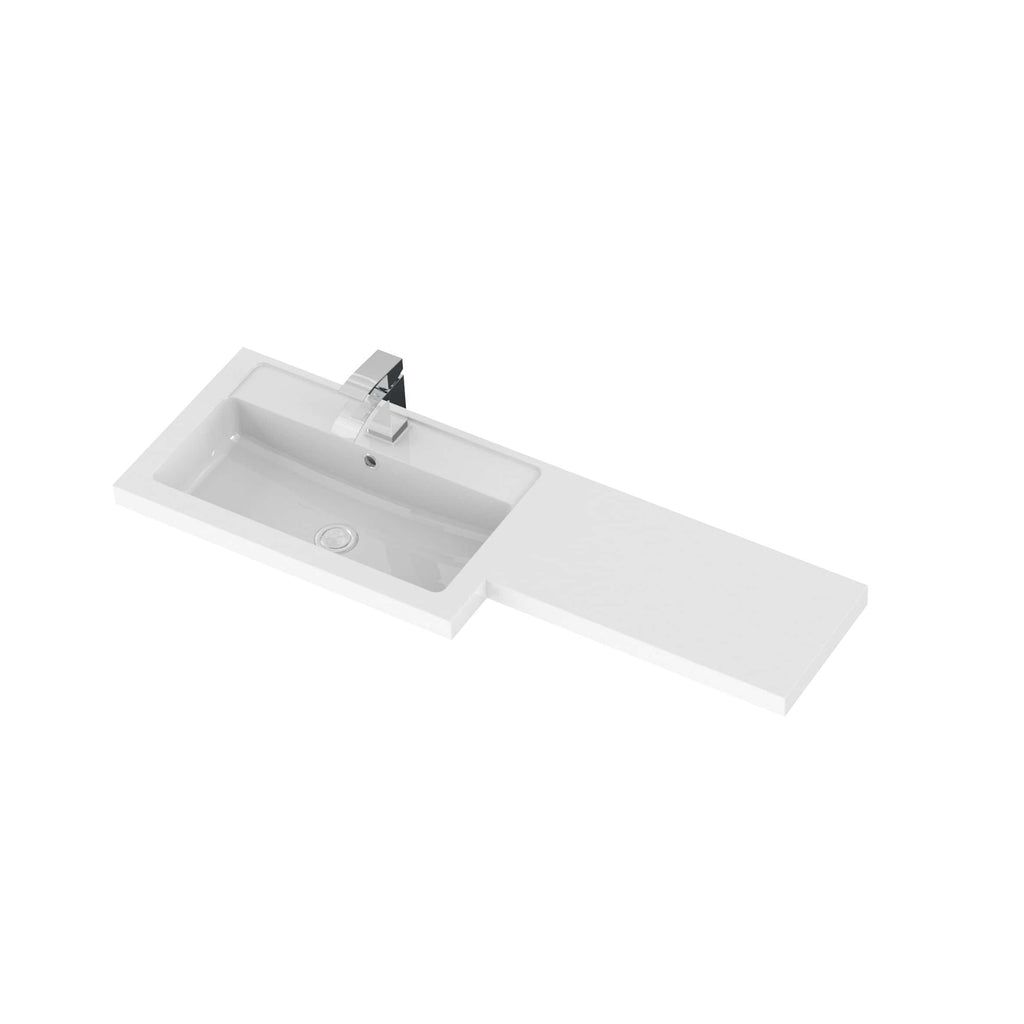 Sleek white bathroom sink with integrated countertop and modern chrome faucet, perfect for contemporary bathroom designs and efficient space utilisation.
