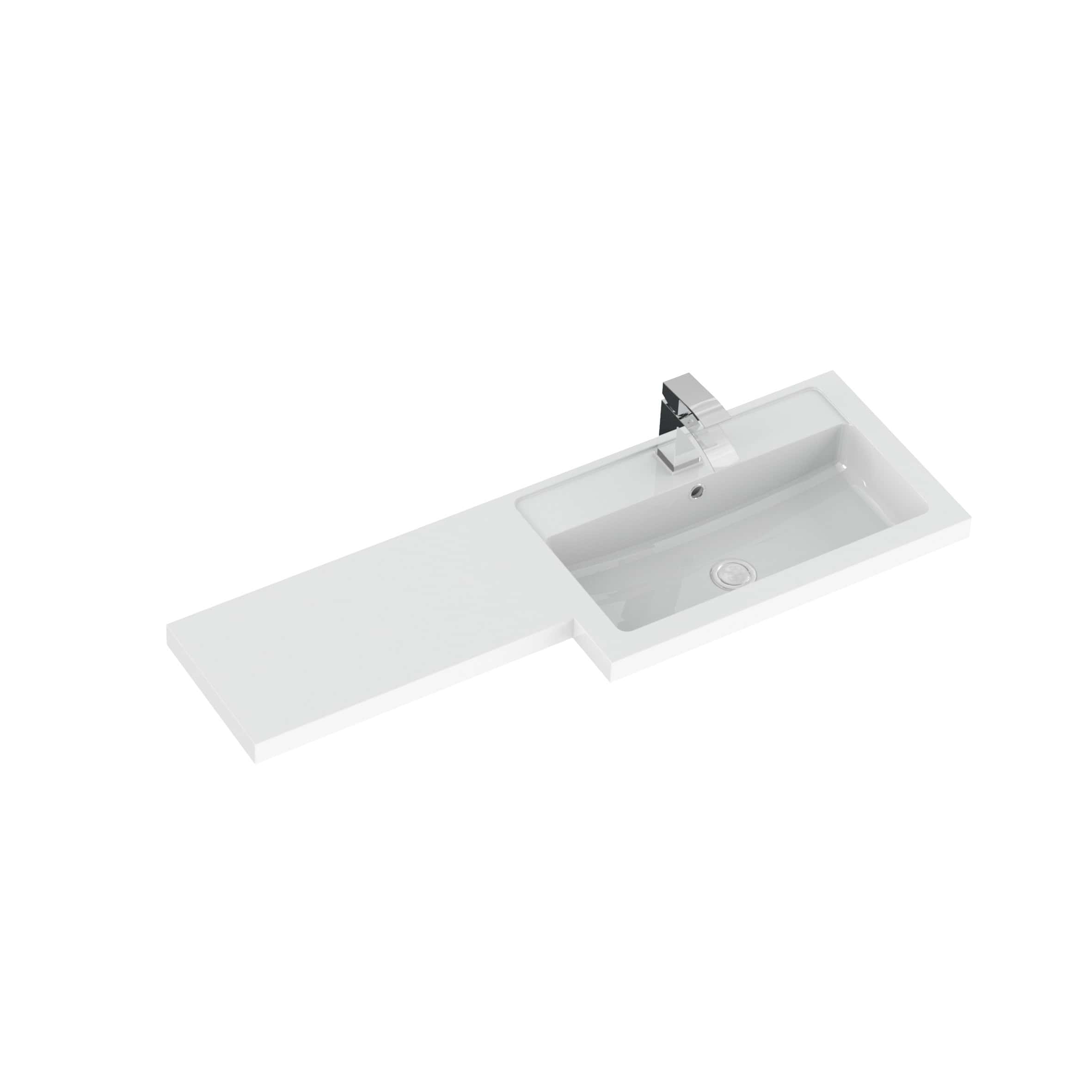 Sleek white bathroom sink with integrated countertop and modern chrome faucet, perfect for contemporary bathroom designs.