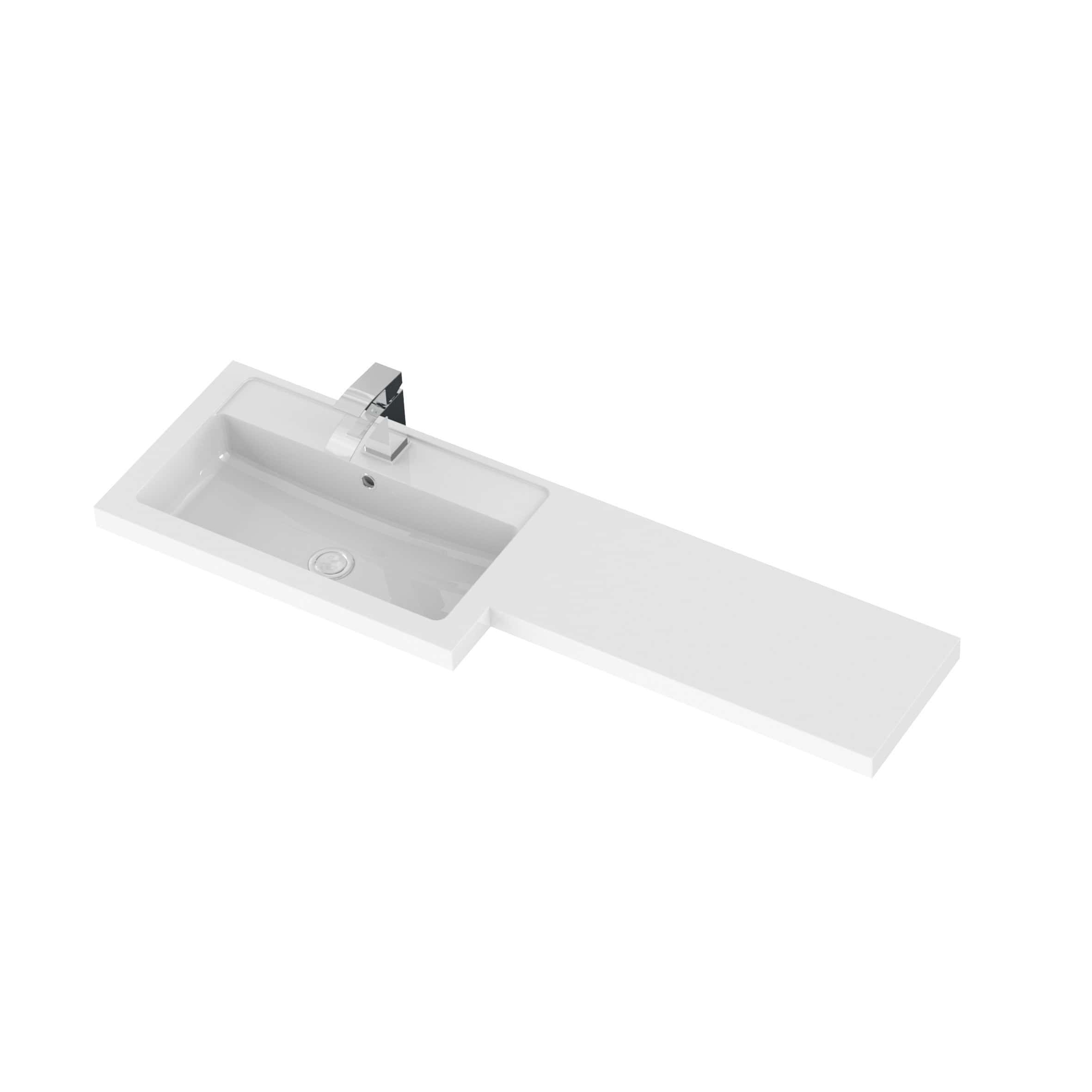 Sleek white bathroom sink with integrated countertop and modern chrome faucet, perfect for contemporary bathroom designs. Durable ceramic material with a spacious basin and a sliding countertop extension.