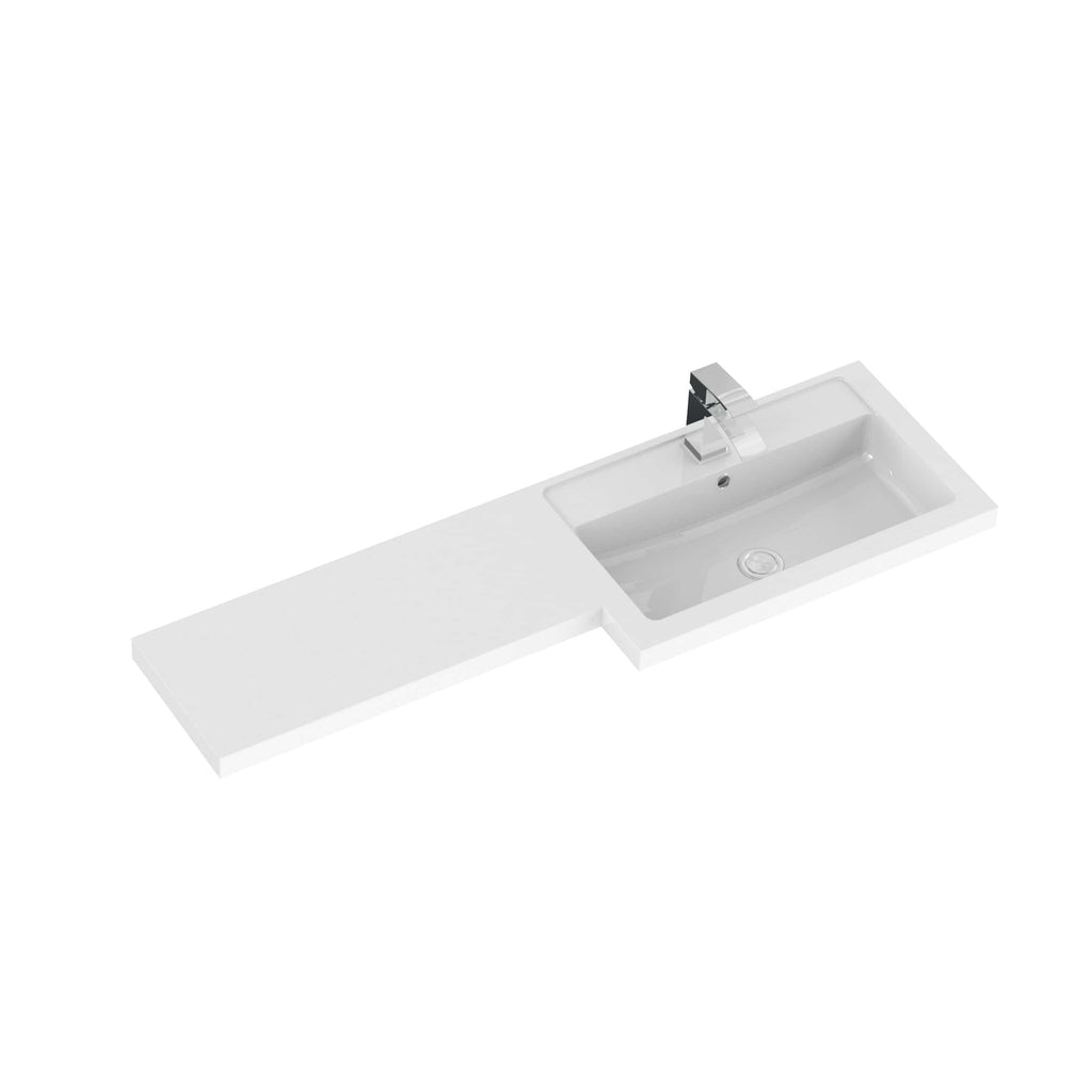 Sleek white rectangular bathroom sink with integrated countertop and modern chrome faucet, ideal for contemporary bathroom designs.