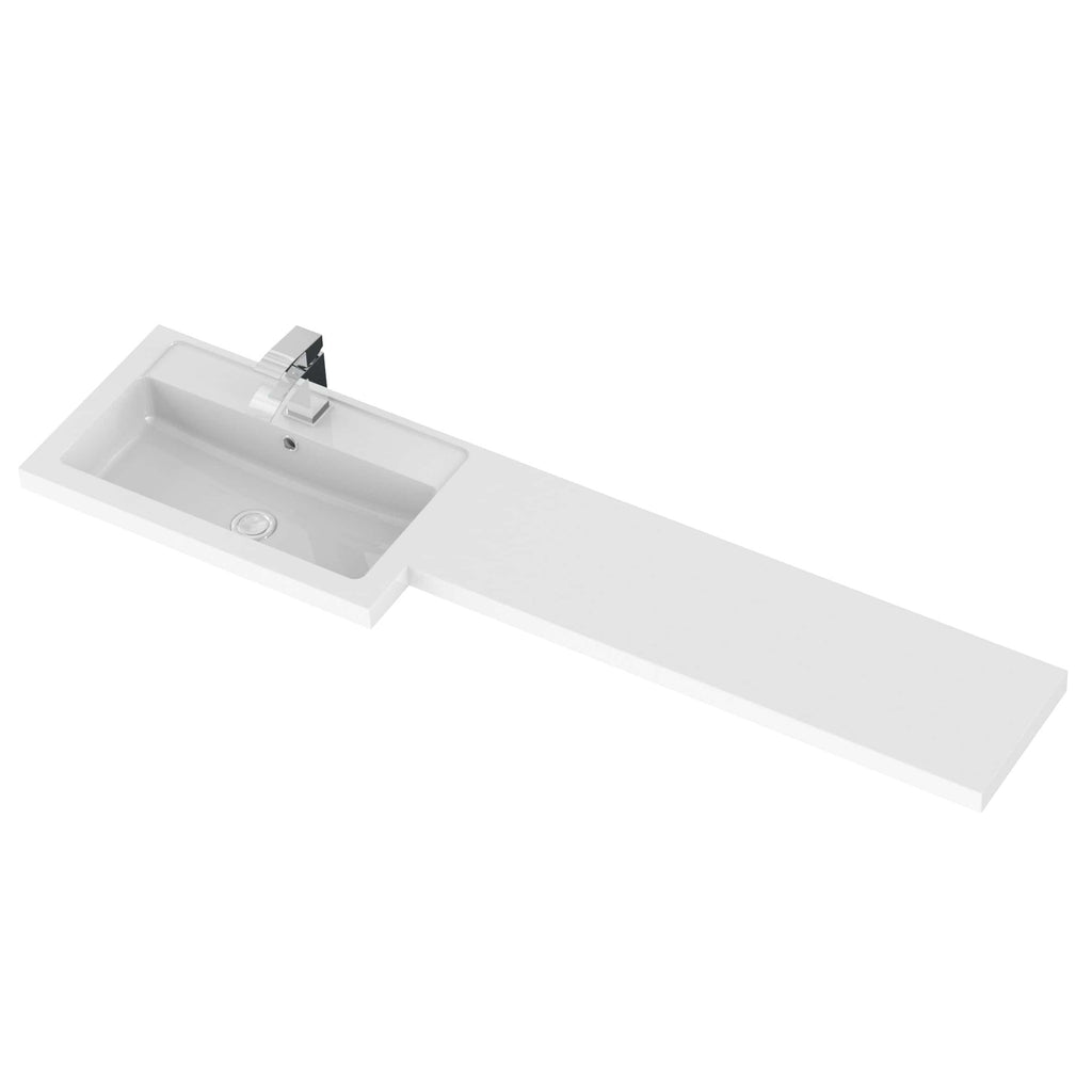Modern white vanity sink with integrated countertop and sleek chrome faucet for contemporary bathroom decor.