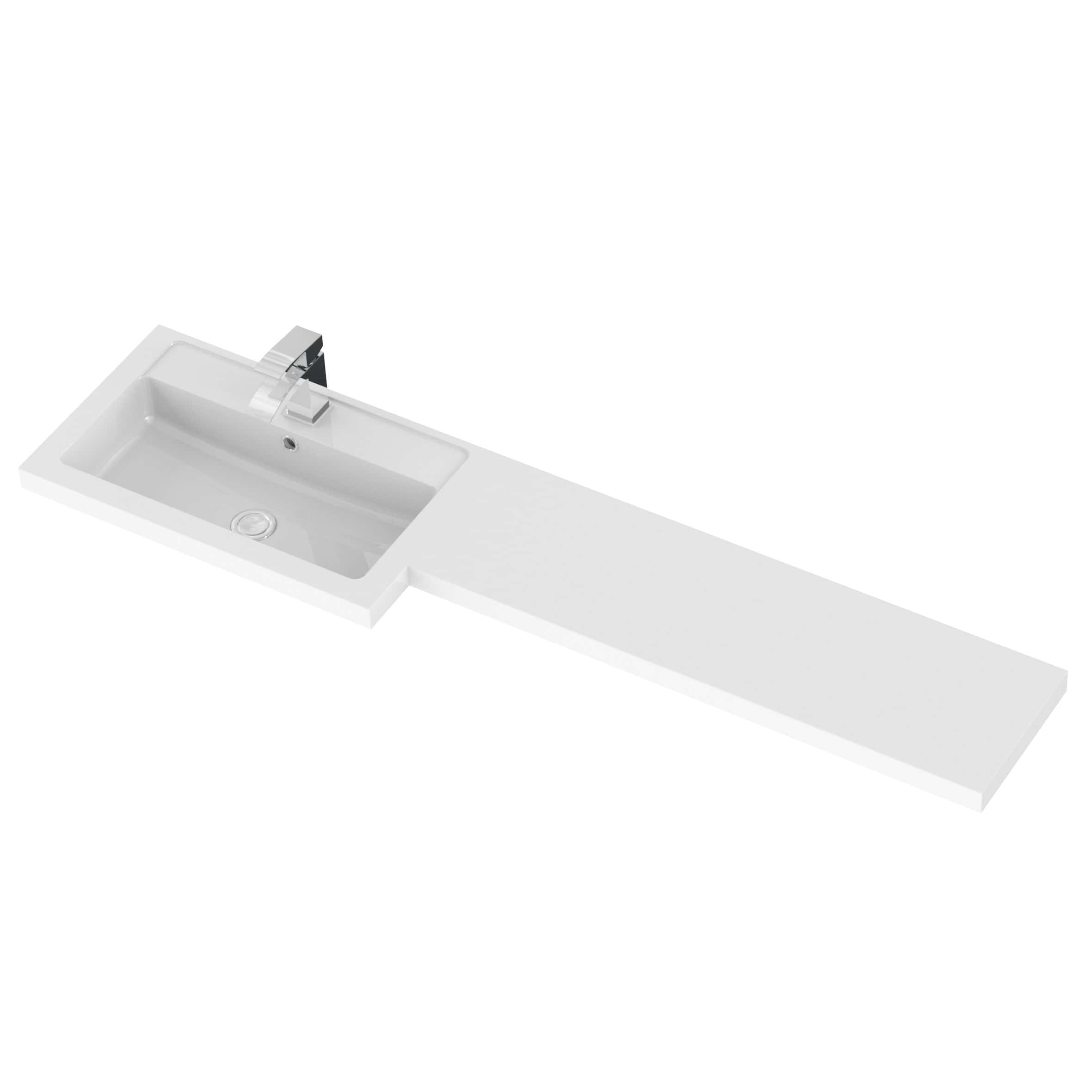 Modern white vanity sink with integrated countertop and sleek chrome faucet for contemporary bathroom decor.