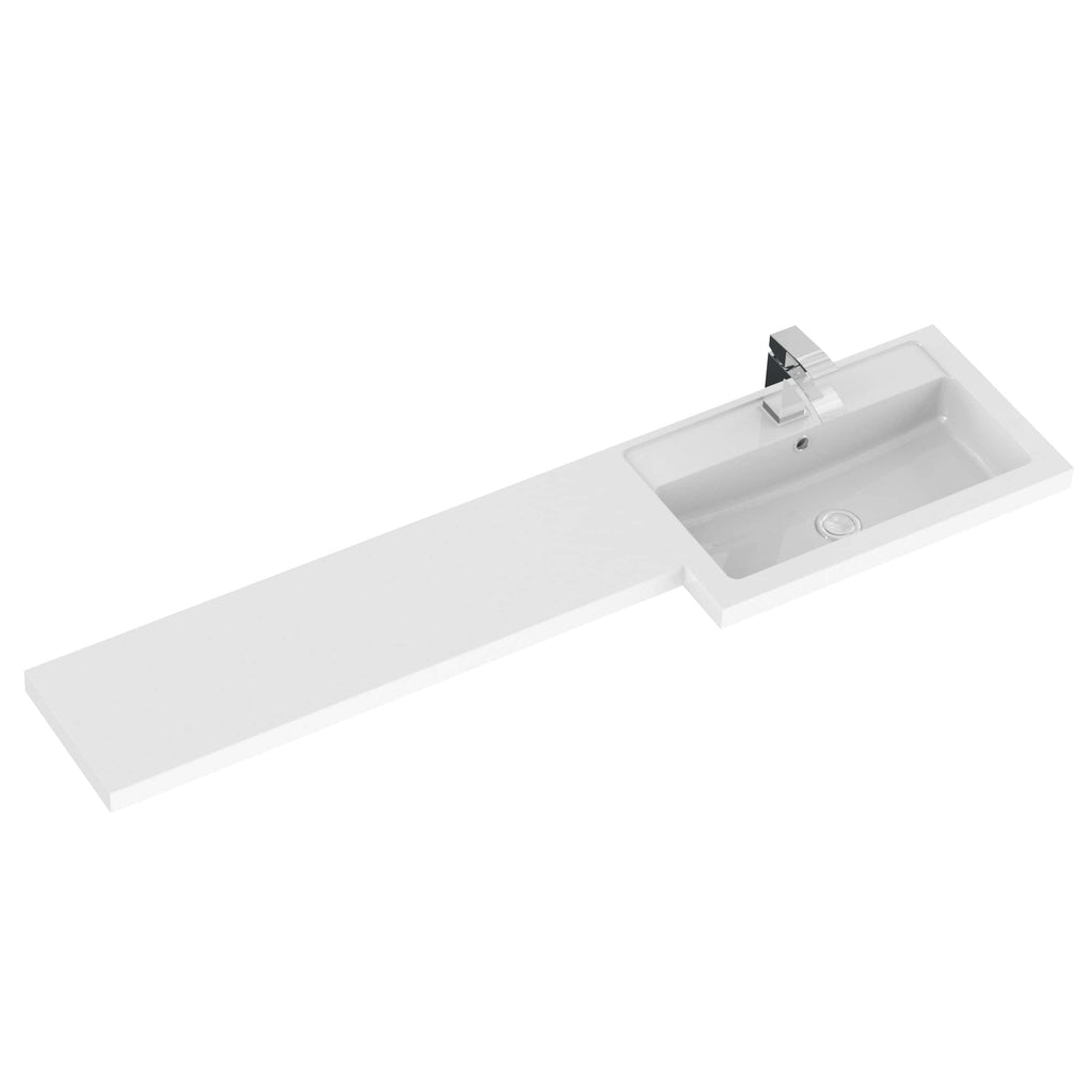 Sleek white bathroom vanity with integrated sink and modern chrome faucet, designed for contemporary bathroom spaces. Perfect for stylish and functional bathroom designs.