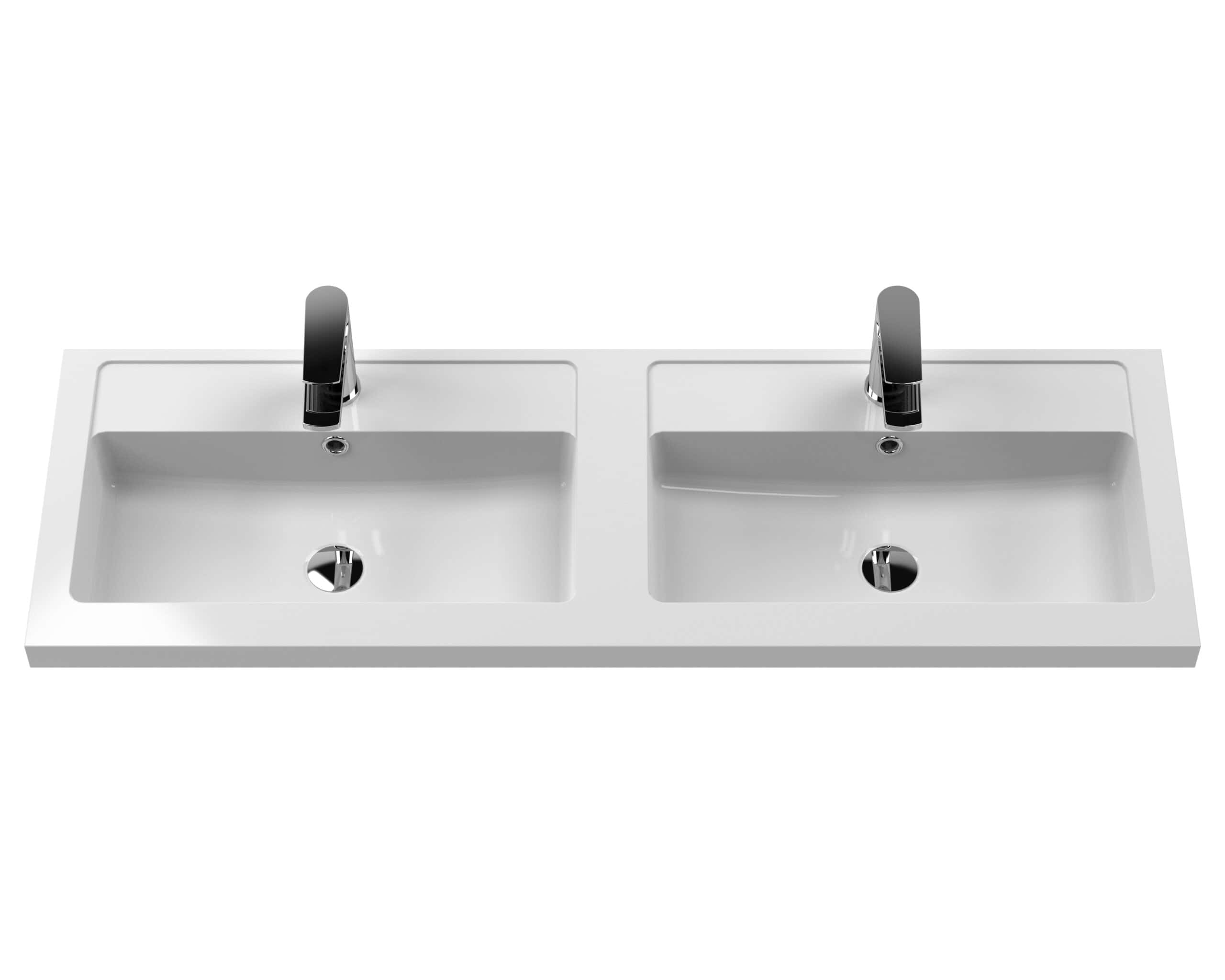 Shower double sink withmodern design, chrome faucets and white ceramic basins for stylish bathroom decor.