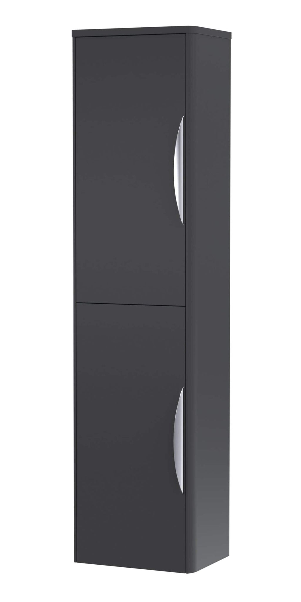 Modern black bathroom storage cabinet with sleek silver handles for bathroom organisation and space-saving solutions.