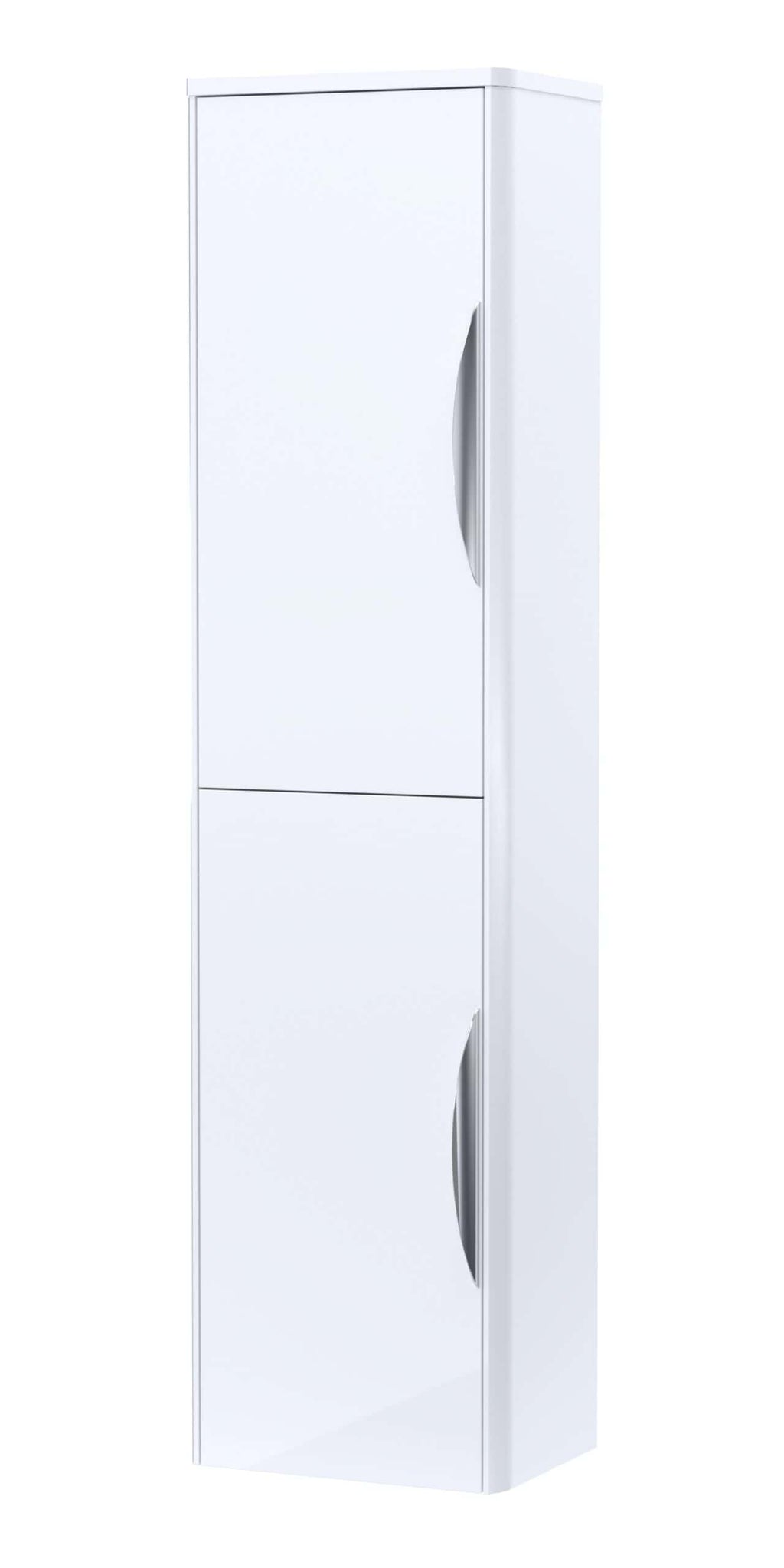 Stylish white bathroom storage cabinet with sleek curved handles, ideal for modern bathroom organisation and space maximisation.