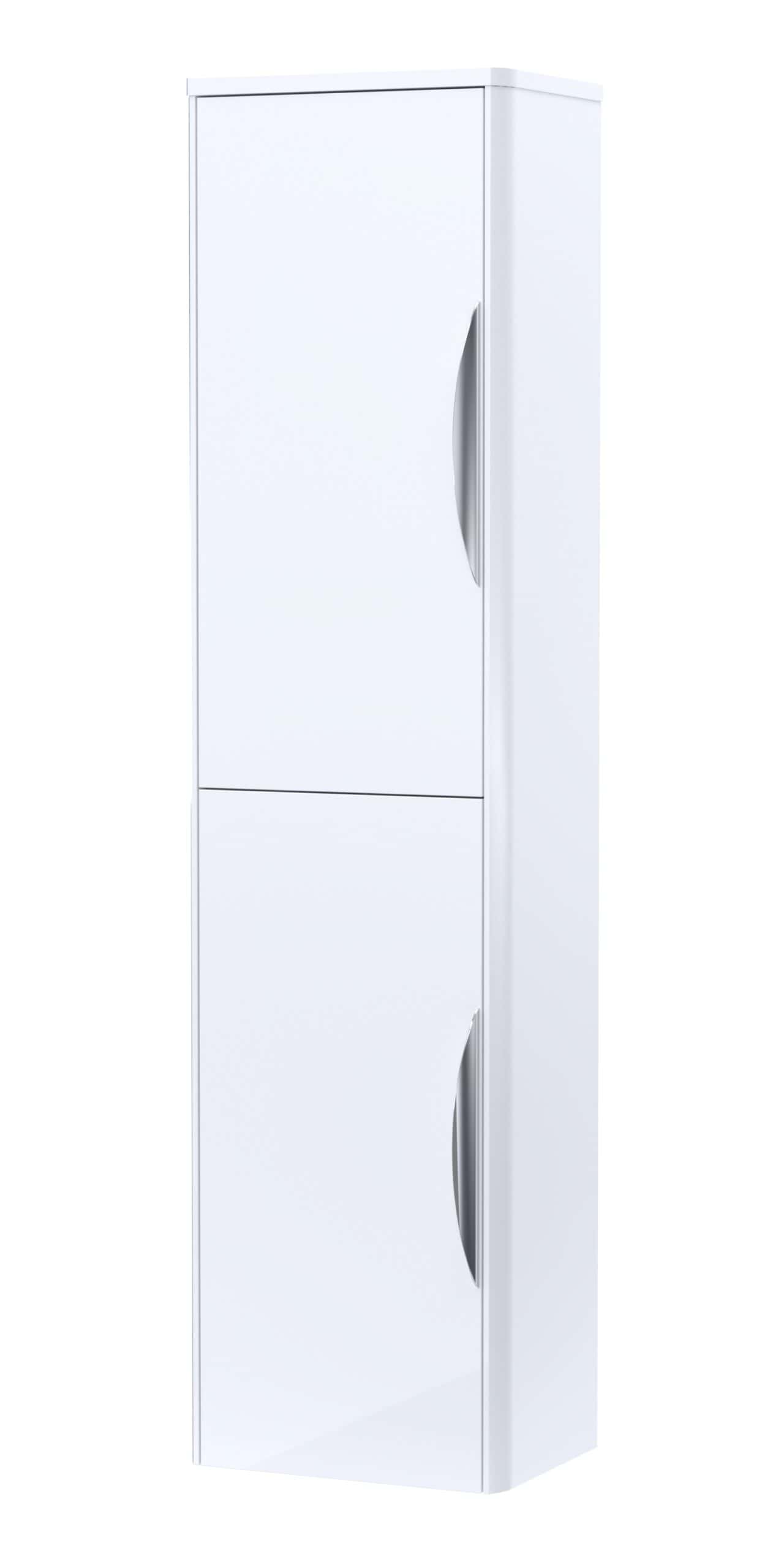 Stylish white bathroom storage cabinet with sleek curved handles, ideal for modern bathroom organisation and space maximisation.