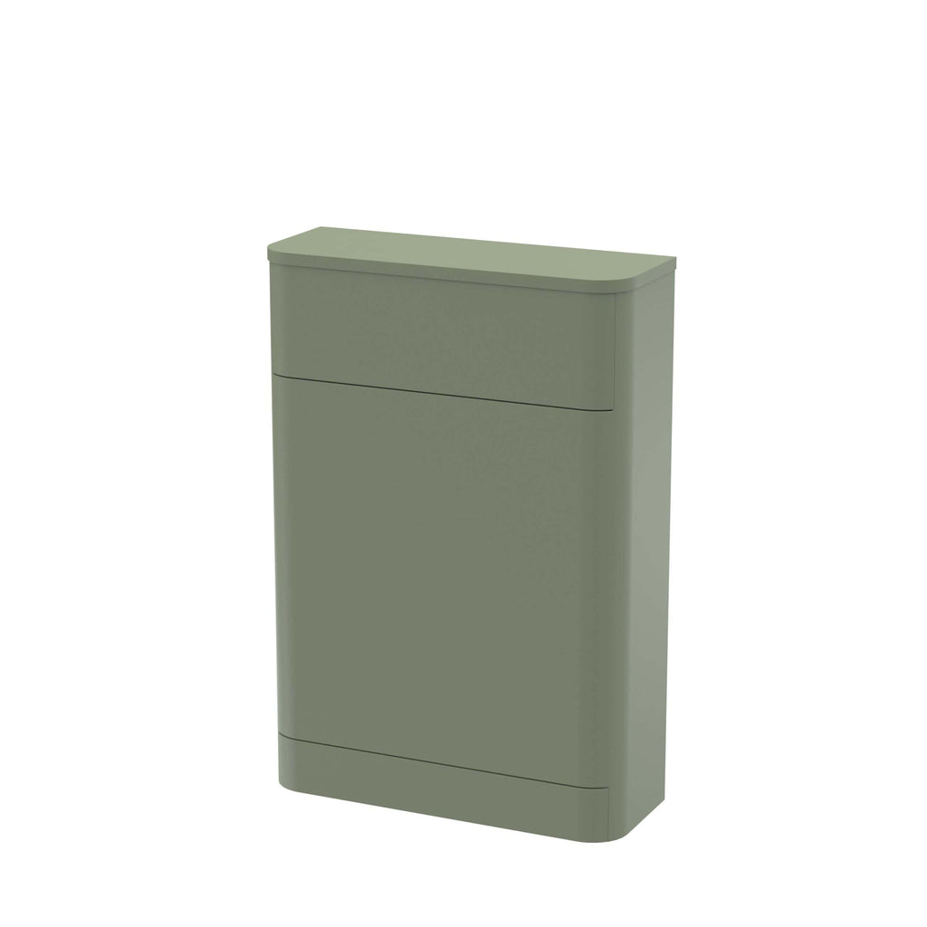 Sleek green bathroom cabinet with curved edges, modern design, ample storage space, ideal for contemporary bathrooms, versatile style, high-quality craftsmanship, durable finish.