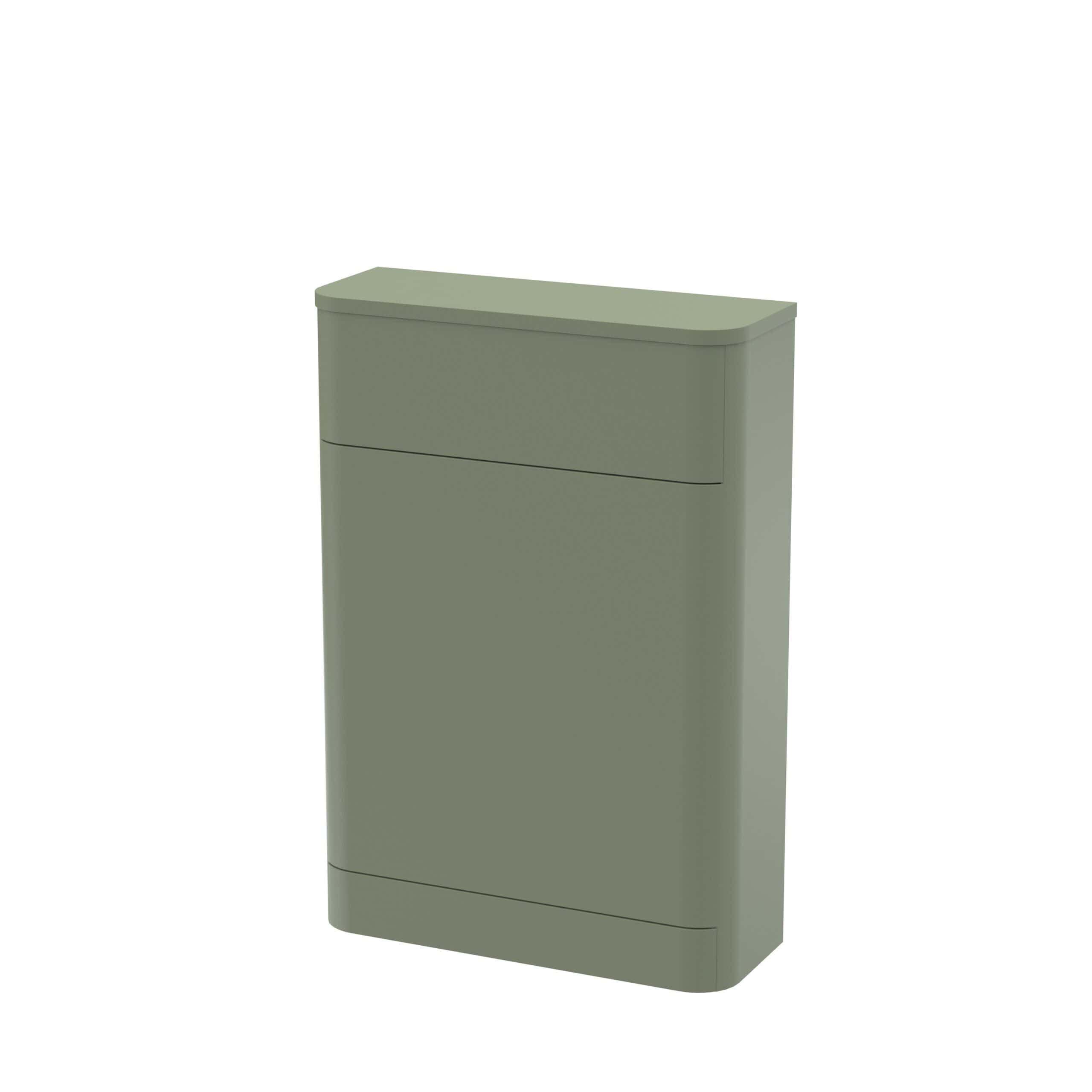 Sleek green bathroom cabinet with curved edges, modern design, ample storage space, ideal for contemporary bathrooms, versatile style, high-quality craftsmanship, durable finish.