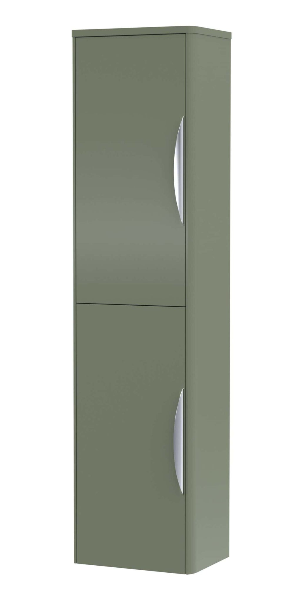 Modern green bathroom cabinet with silver handles, ideal for bathroom storage and organisation, featuring a sleek, minimalist design. Perfect for creating a tidy and stylish space.