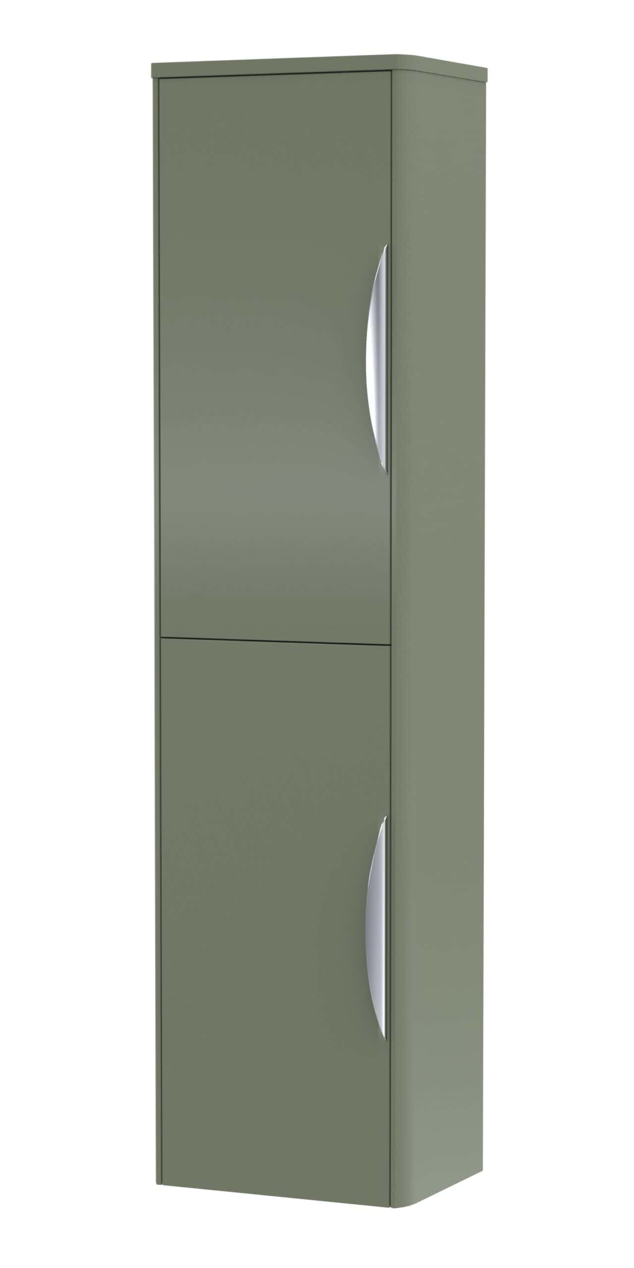 Modern green bathroom cabinet with silver handles, ideal for bathroom storage and organisation, featuring a sleek, minimalist design. Perfect for creating a tidy and stylish space.
