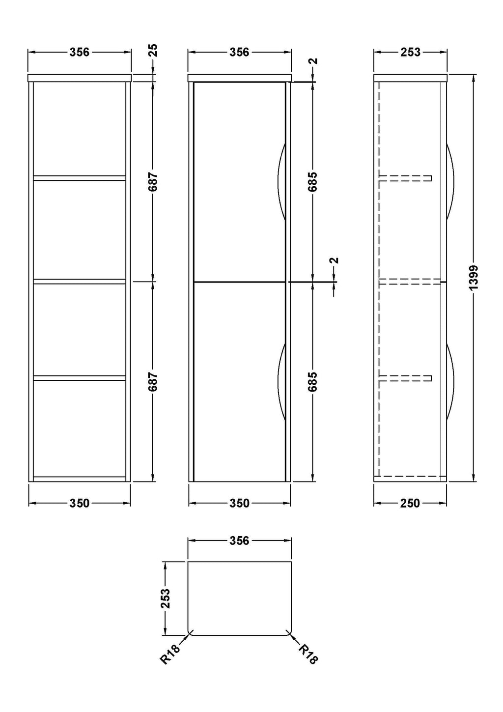 Slimline bathroom storage unit with shelves, detailed technical drawing, dimensions 687mm height, 356mm width, designed for modern bathroom organisation.
