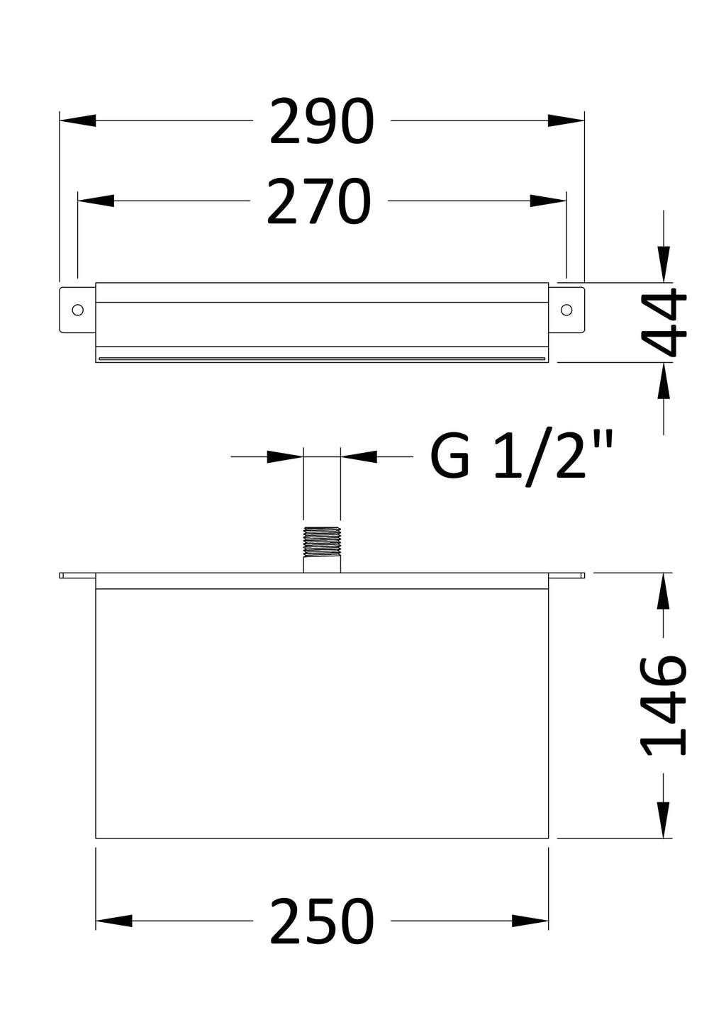 High-quality bathroom shower drain with G 1/2" fittings, 250mm width, 146mm height, and 44mm depth for modern Bubly Bathrooms installations. Perfect for sleek, durable wet room drainage solutions.
