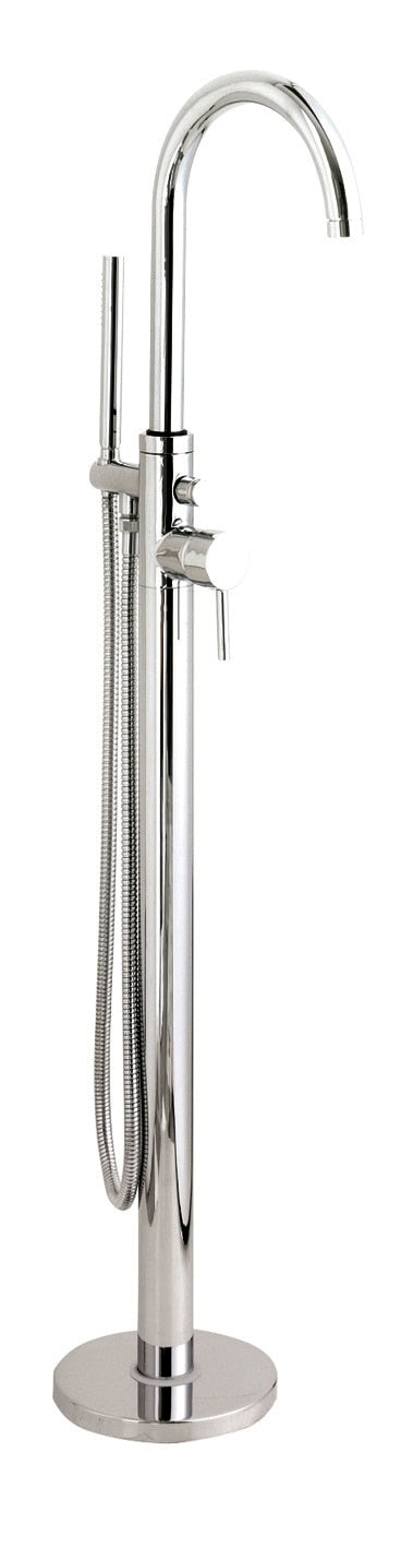 Shiny chrome freestanding bathroom mixer with handheld shower attachment, ideal for modern bathroom renovations and stylish wet room installations.