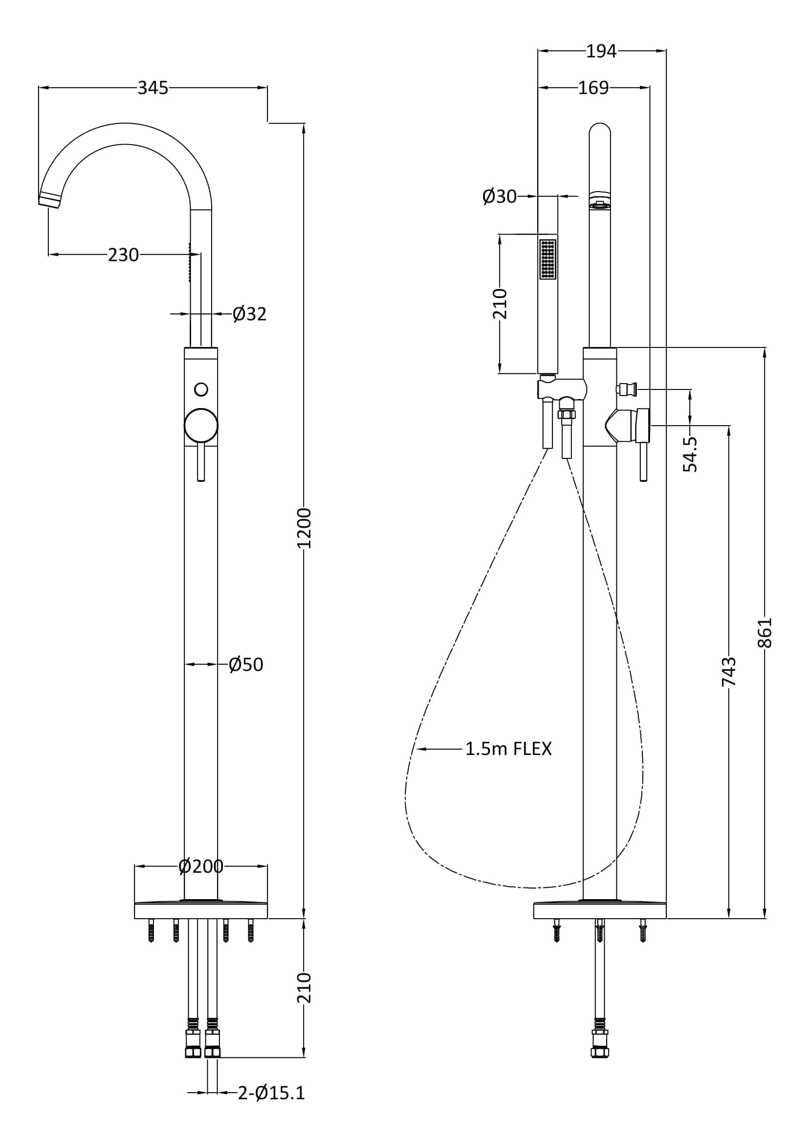 Modern freestanding bathroom shower system with adjustable height and flexible shower hose, perfect for luxurious and efficient bathroom renovations.