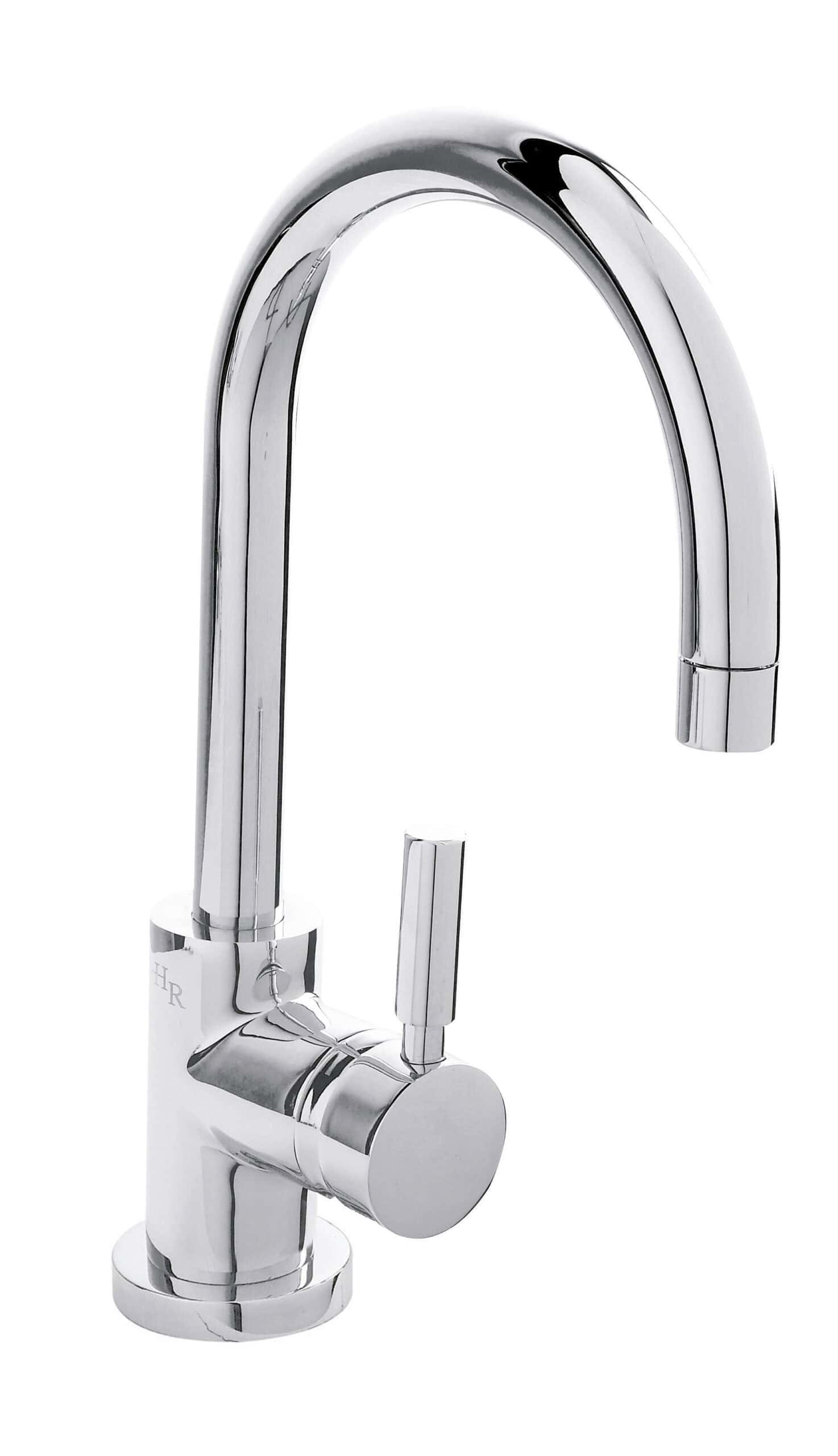 Sleek chrome kitchen tap with high-arc spout and single lever for modern bathroom and kitchen functionality. Perfect for contemporary bathroom renovation and aesthetic design.