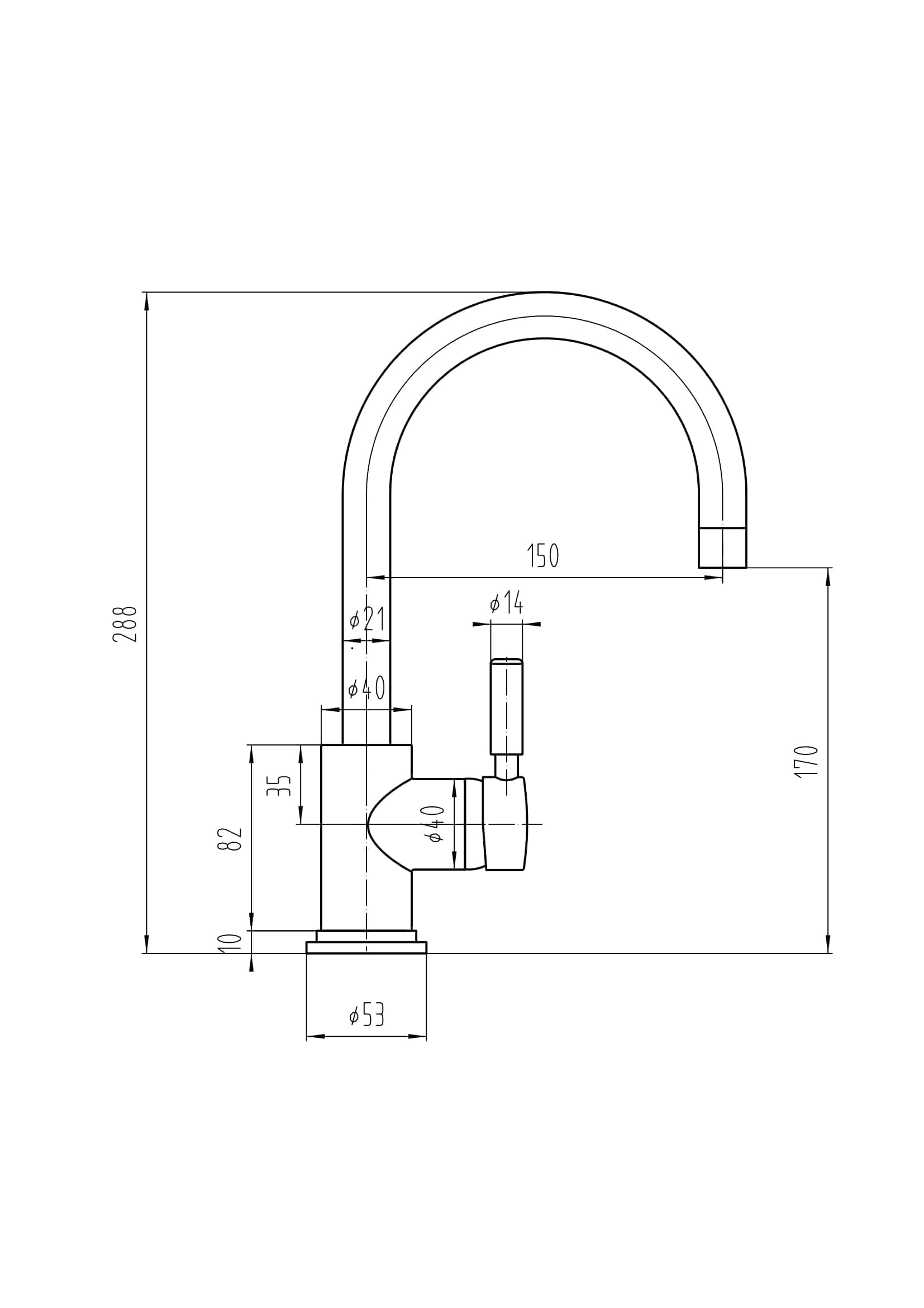 Sleek modern kitchen tap with high arc spout, designed for contemporary bathrooms and kitchens, featuring precise measurements and durable materials for optimal functionality.