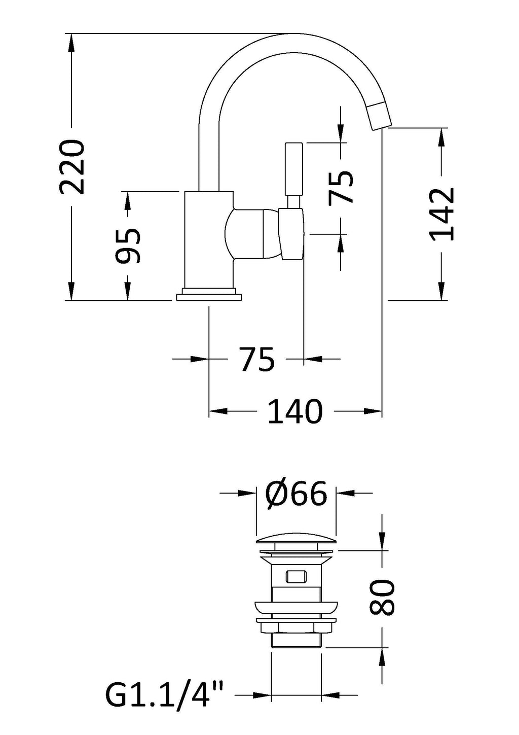 Sleek modern kitchen faucet with detailed technical drawing, dimensions, and measurements, ideal for bathroom and kitchen plumbing installations, featuring a high-arc spout and single lever handle.