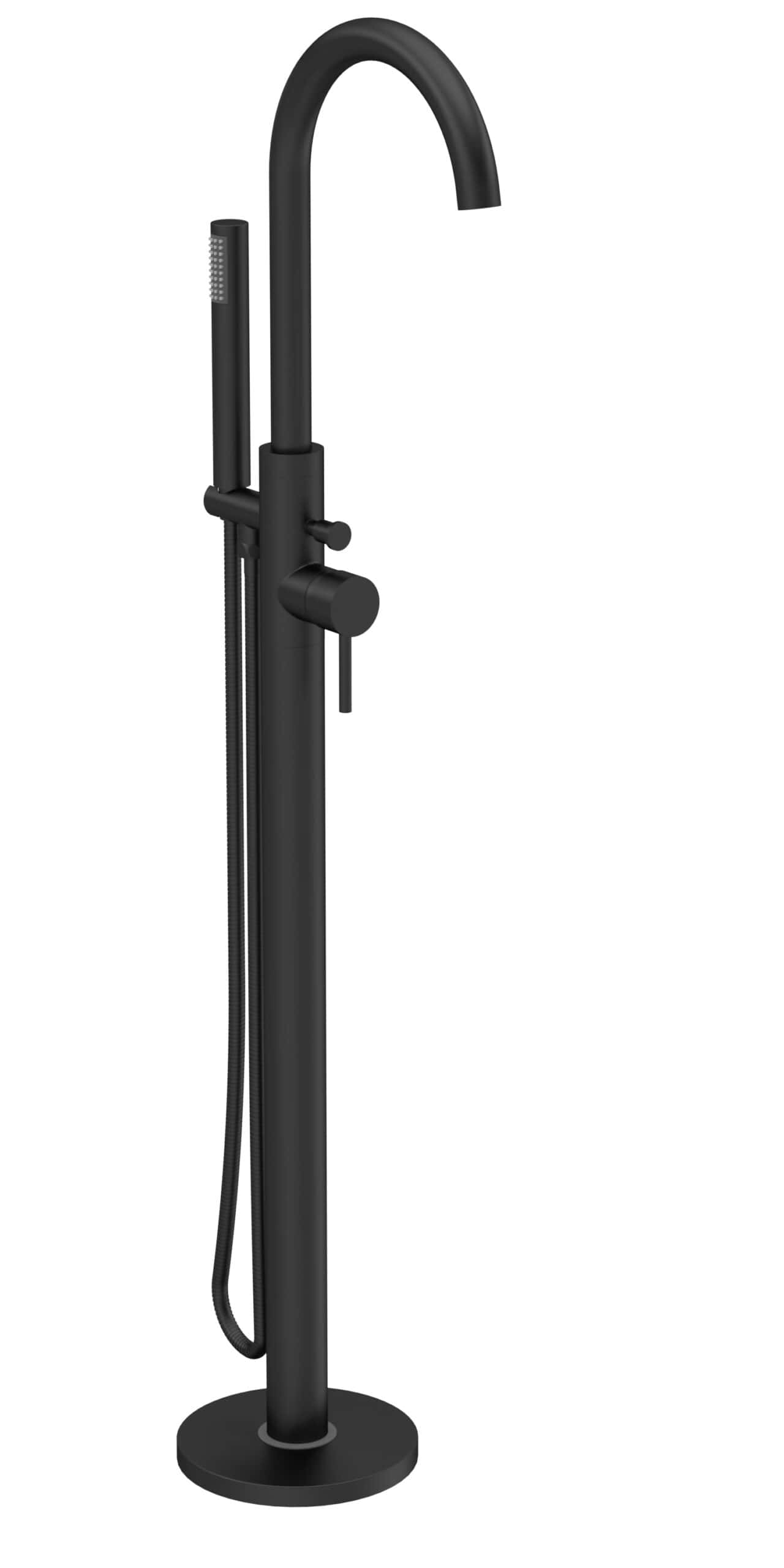 Sleek black freestanding bathroom bath shower mixer with handheld shower head and flexible hose, ideal for modern bathroom designs. Perfect for stylish, functional bathroom upgrades.