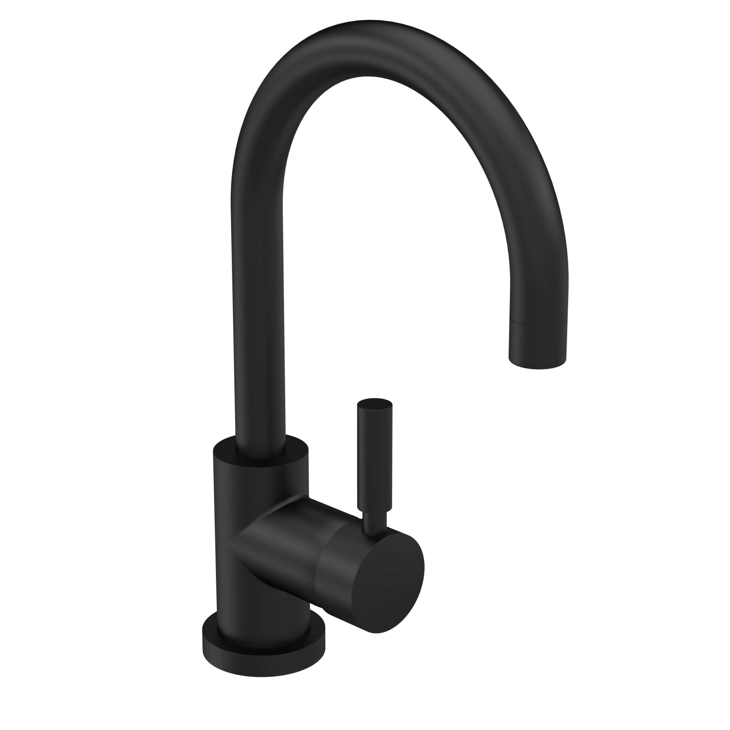 Sleek black kitchen tap with a modern design, featuring a high curved spout and single lever for effortless control, perfect for contemporary bathroom or kitchen renovations.