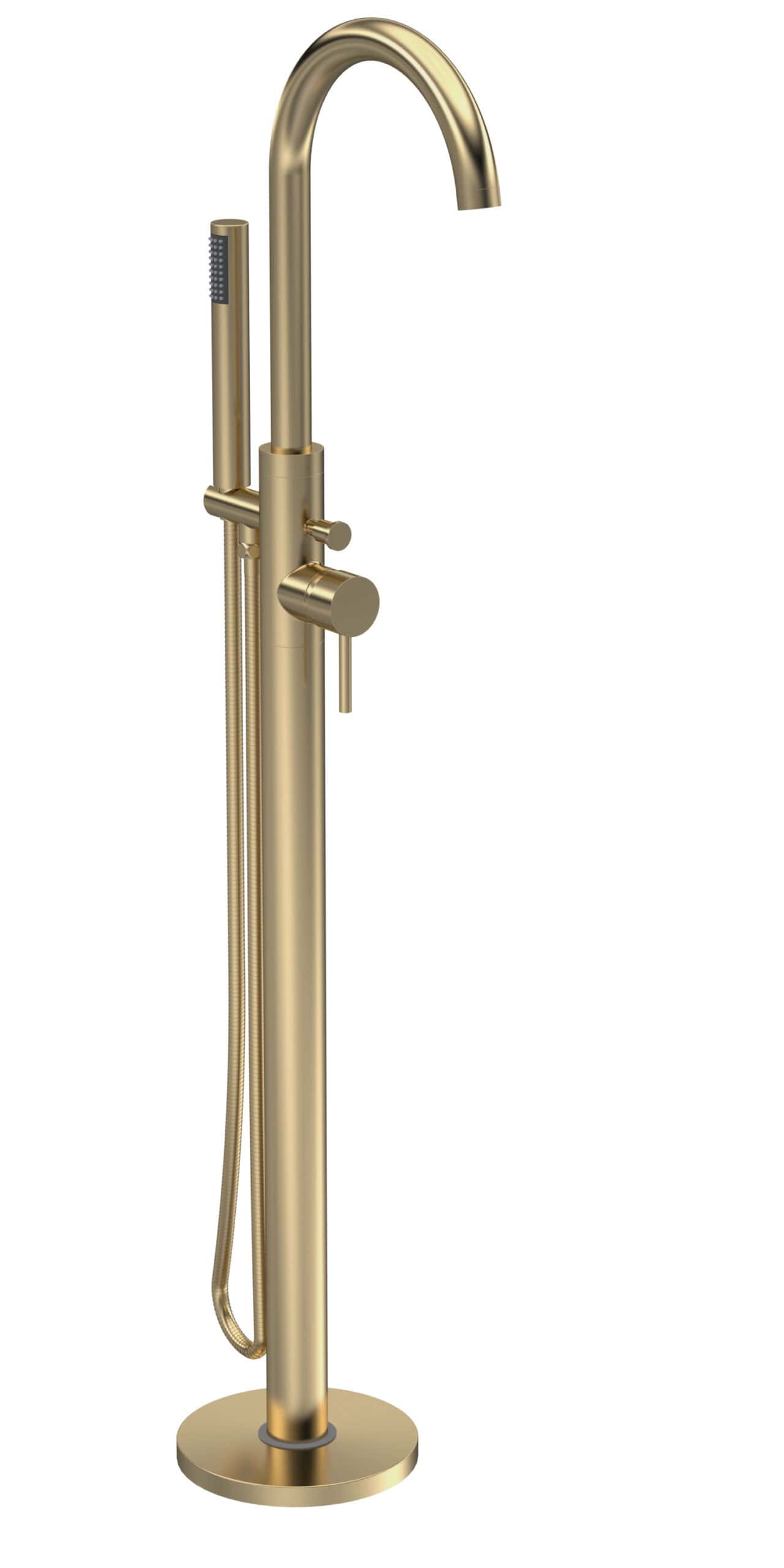 Modern freestanding gold bathroom shower mixer with handheld showerhead, flexible hose, and ergonomic controls, perfect for luxury Bubly Bathrooms renovations.