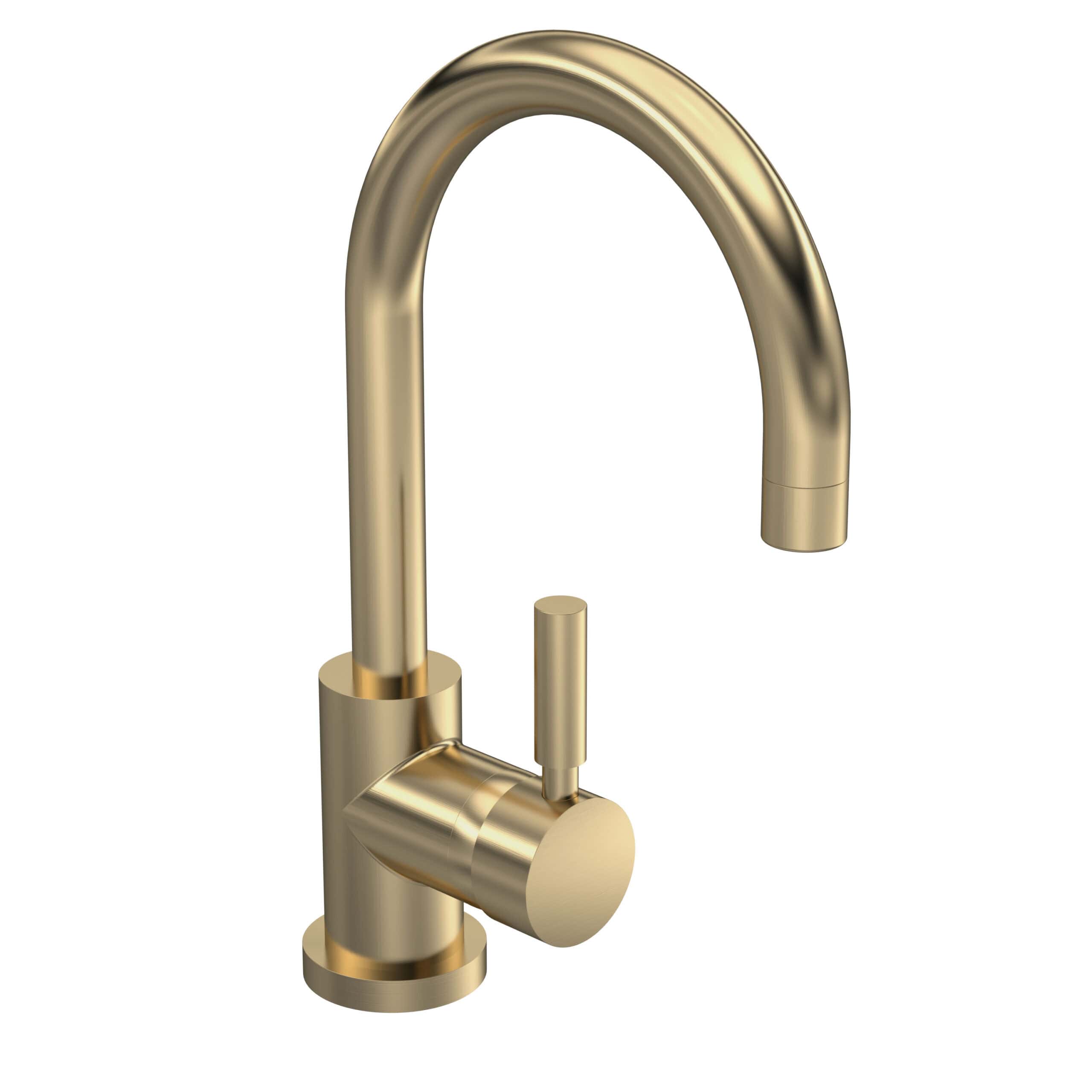 Sleek gold kitchen sink tap with modern design, ideal for stylish bathrooms and kitchens, featuring a high-arc spout and single lever control for hot and cold water.