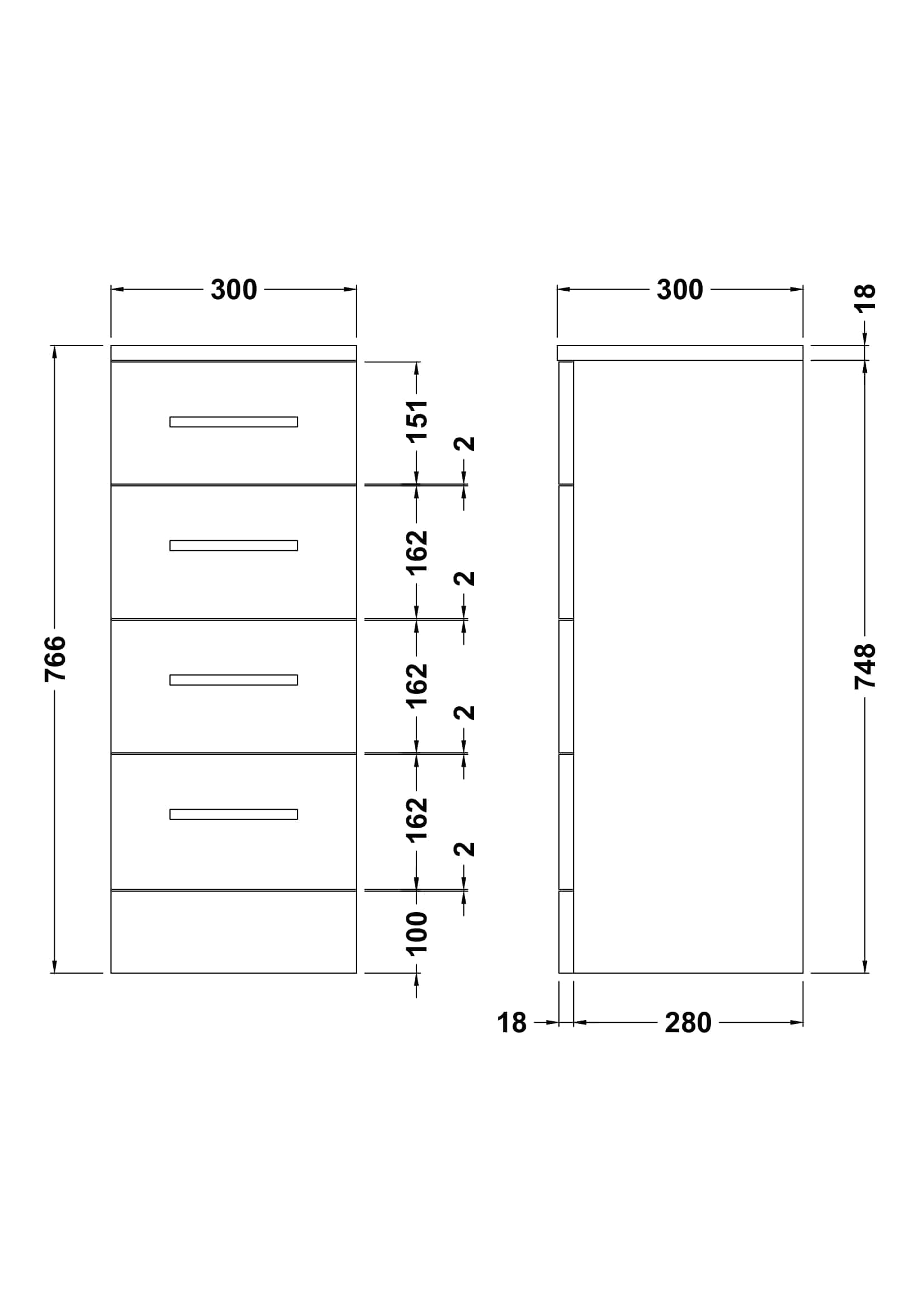 Slimline bathroom cabinet with four drawers, modern storage solution for bathrooms, measuring 766mm height and 300mm width, designed for efficient space utilisation.