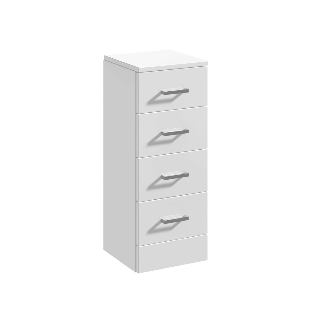 Drawer storage unit in white bathroom furniture, ideal for organising toiletries and bathroom essentials, modern design with silver handles.