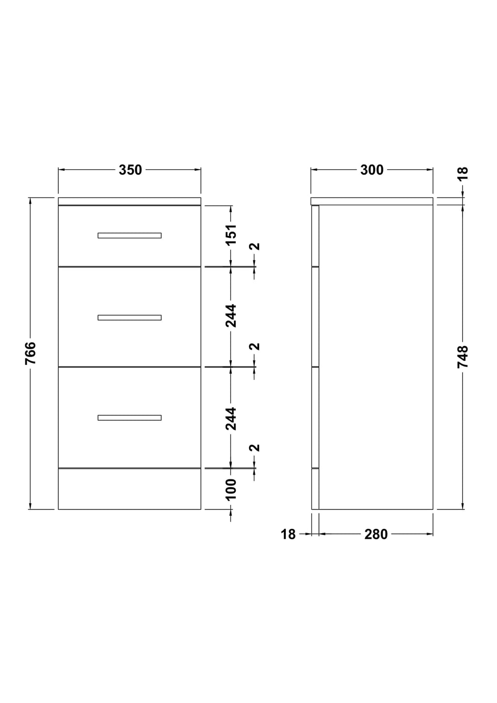 A technical drawing of a storage unit designed for bathrooms, with detailed measurements and multiple drawers, ideal for organising bathroom essentials in a stylish and functional way.