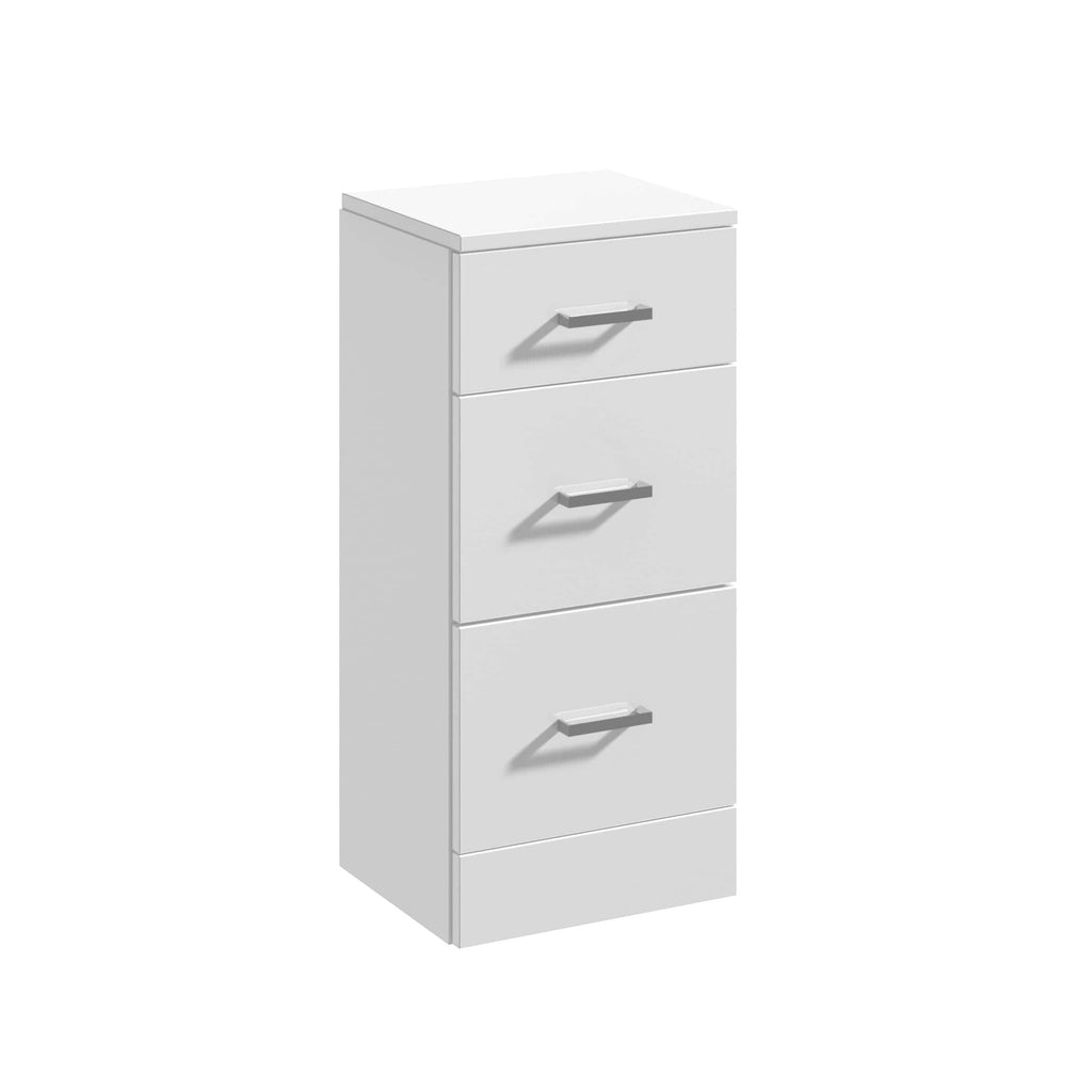Aluminium white bathroom cabinet with three drawers and modern handles, ideal for bathroom storage solutions.